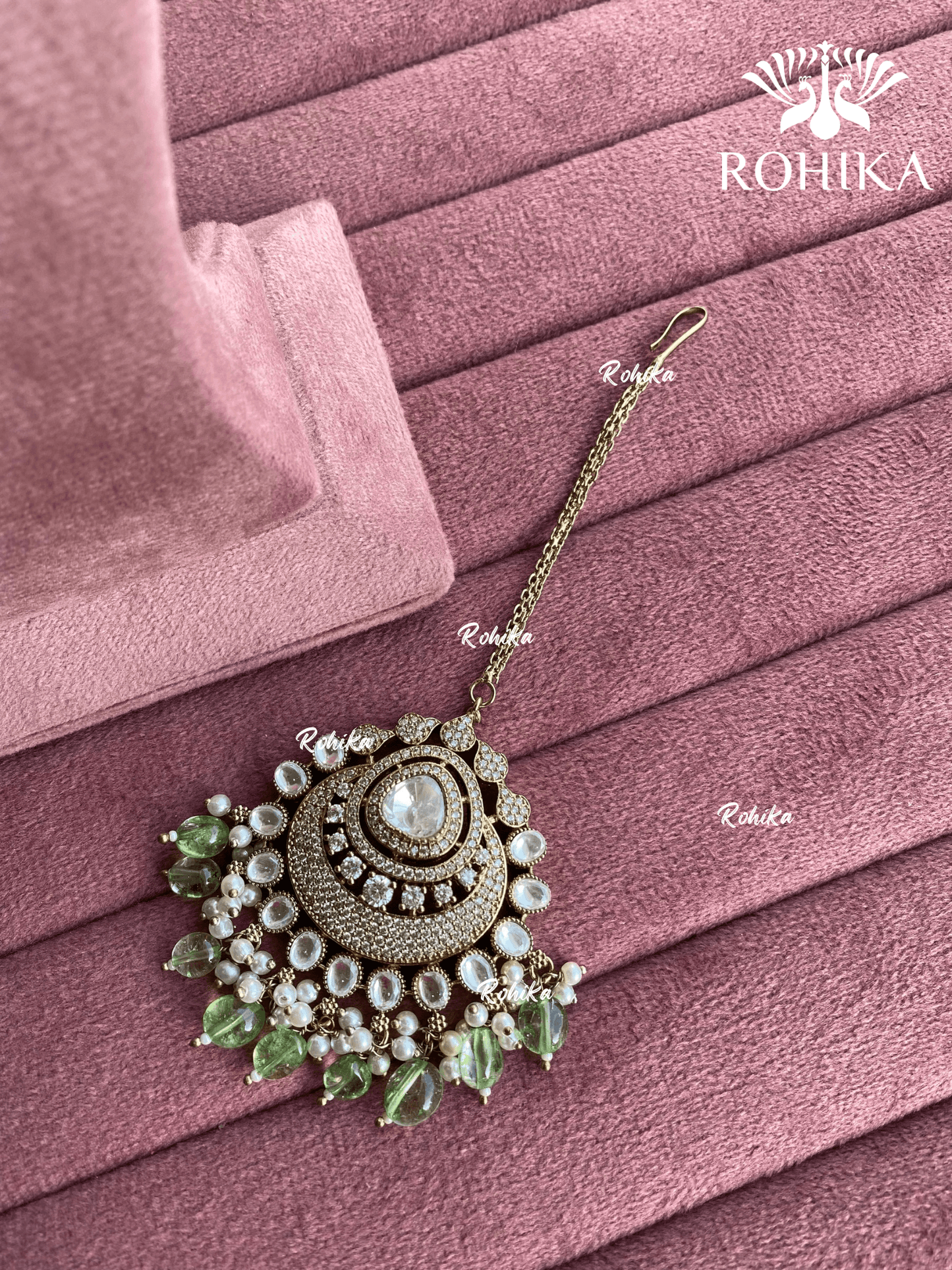 Neha polki kundan maangtikka - Mint green - Rohika Store