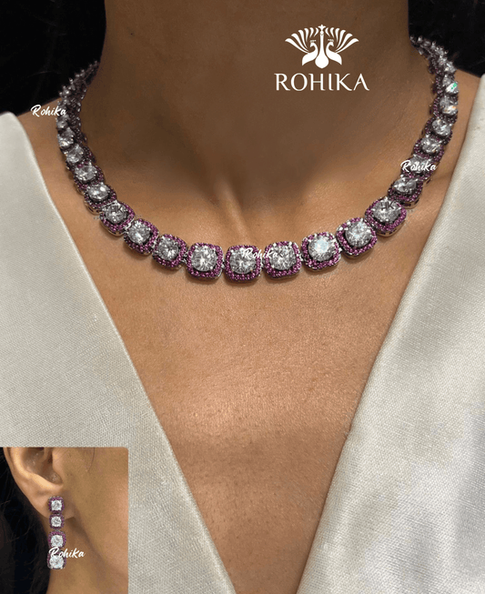 American diamond necklace set (ADN -003) - Dark pink - Rohika Store