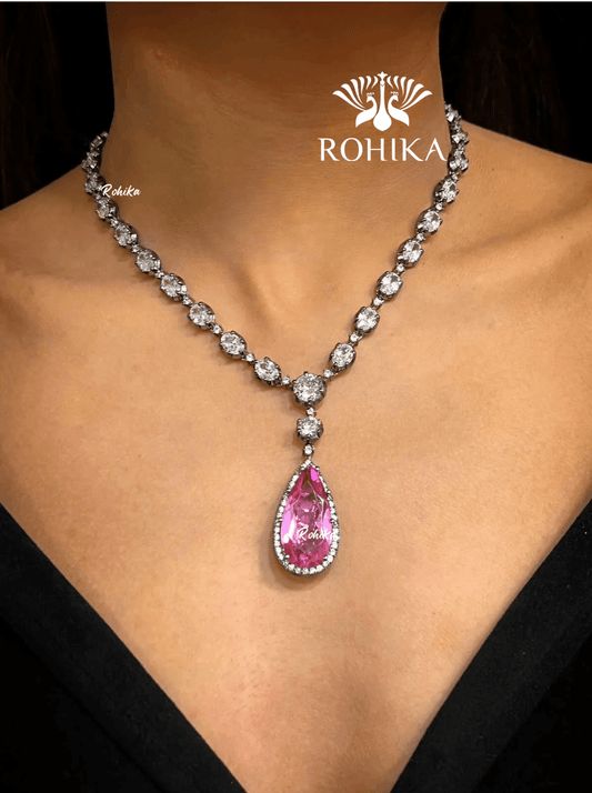 Emily american diamond necklace set - Pink - Rohika Store