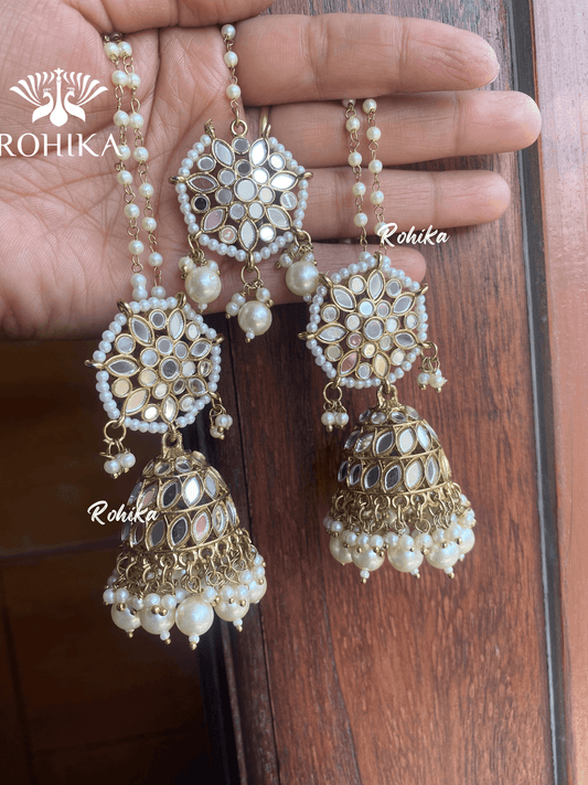 Chamki mirror jhumka earrings tikka combo - White - Rohika Store