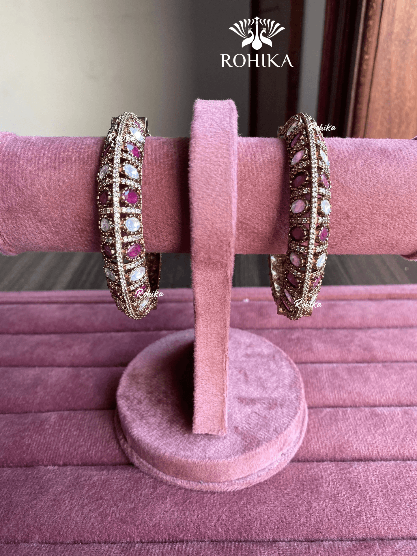 Pushp moisinite kundan kada/bangles - Pink - Rohika Store