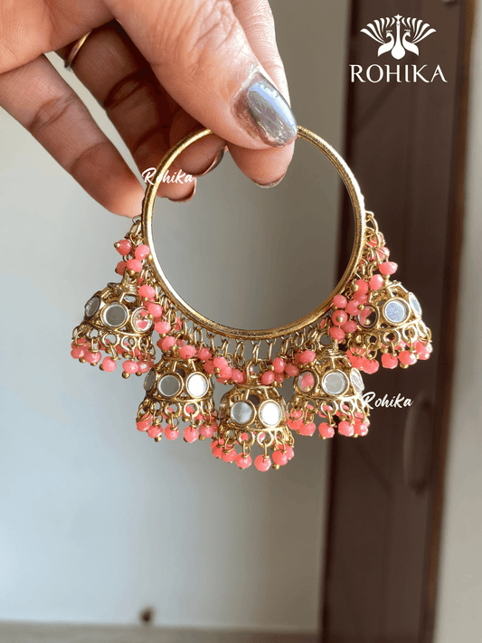 Leena mirror jhumki bali earrings - Dark peach - Rohika Store