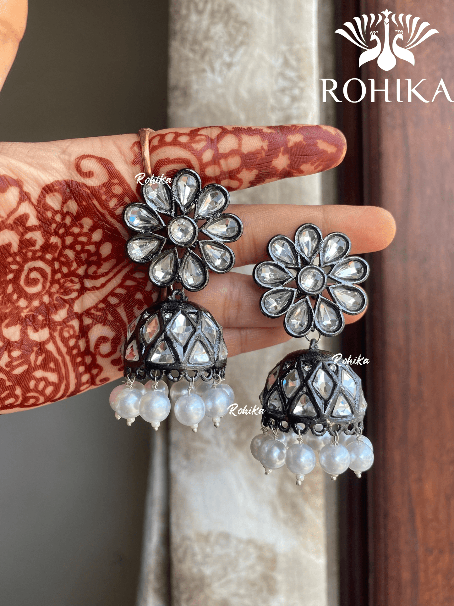 Shyamli oxidized jhumka earrings (003) - White - Rohika Store