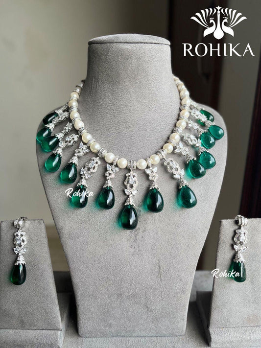 Deepika american diamond designer necklace set - Dark green - Rohika Store