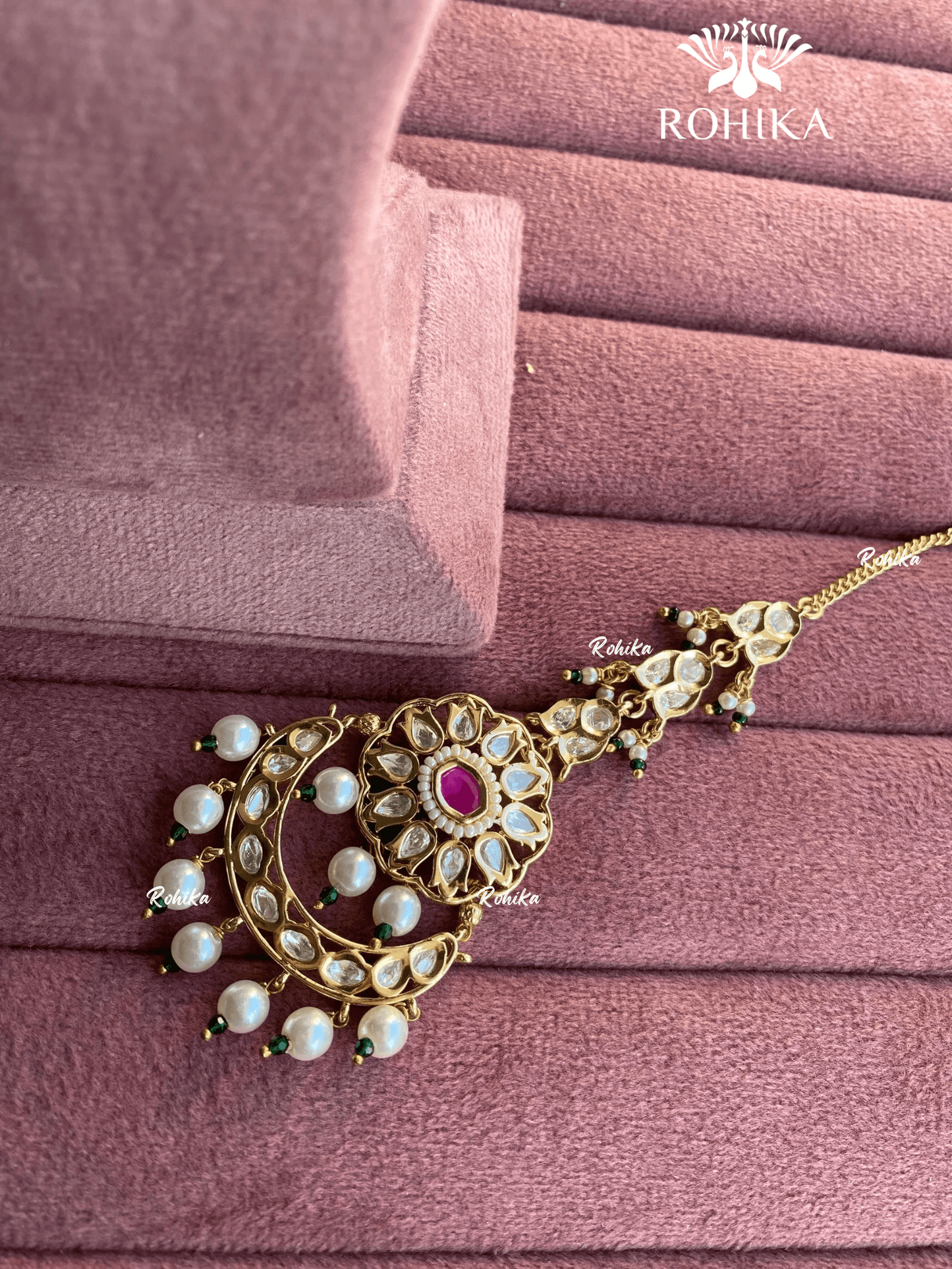 Polki kundan maangtikka (PLKM-034) - Pink & green - Rohika Store