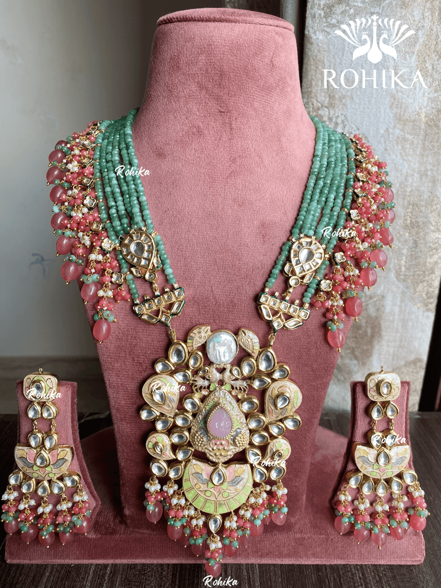 Divya meenakari kundan long necklace set - Mint green & pink - Rohika Store