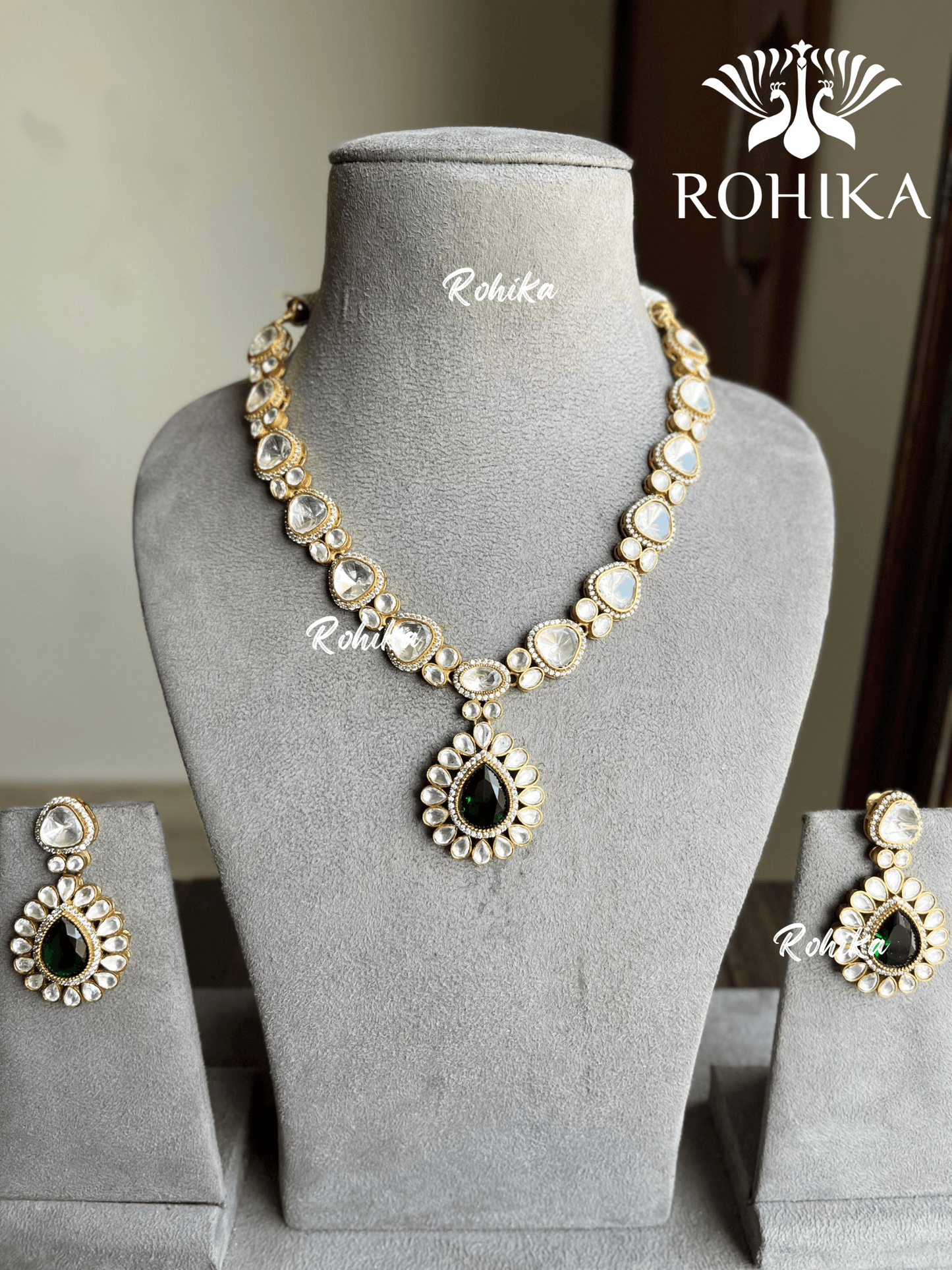 Drishti polki kundan necklace set - Green - Rohika Store