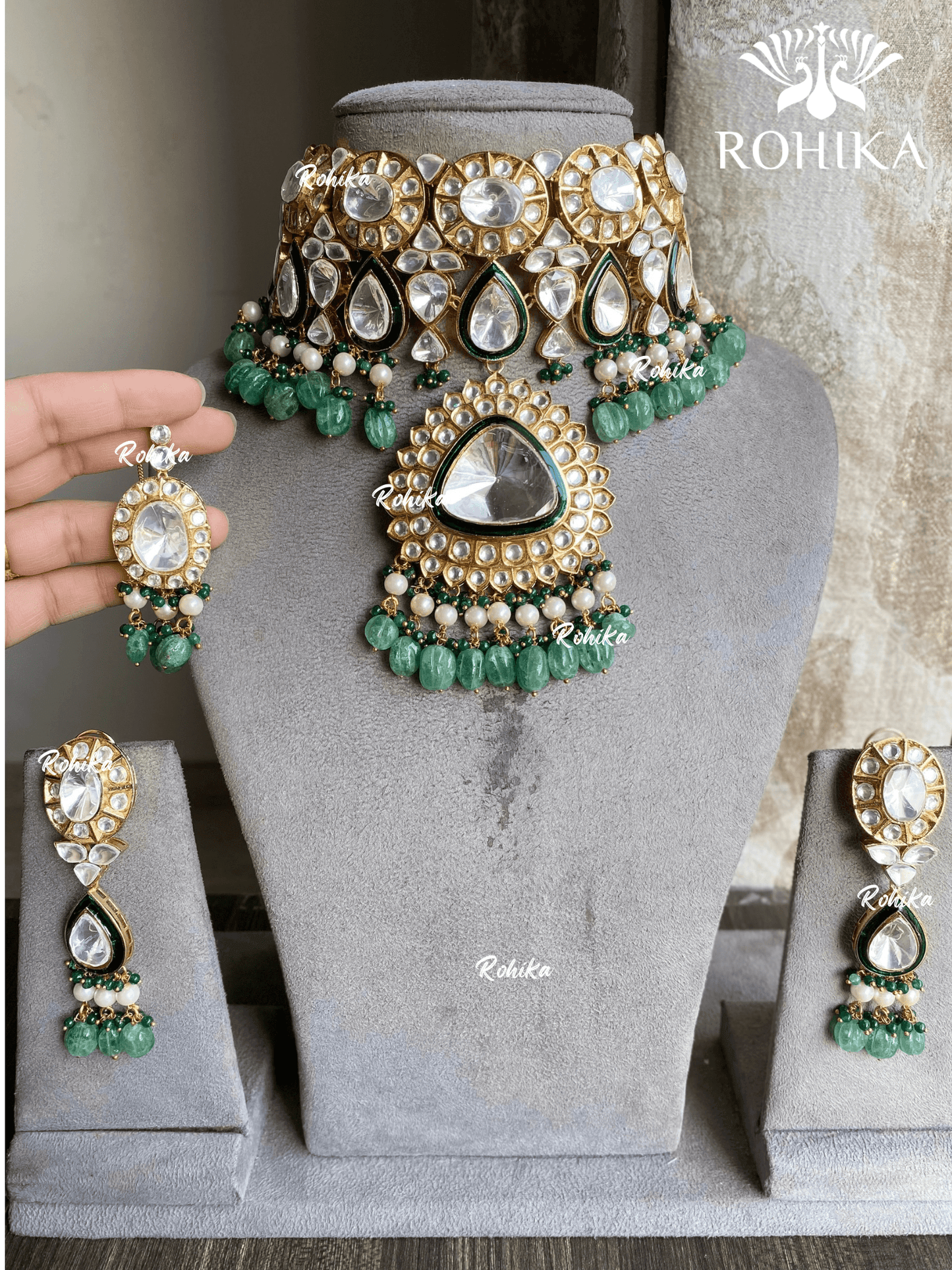 Saheli moisanite choker set - Mint green - Rohika Store