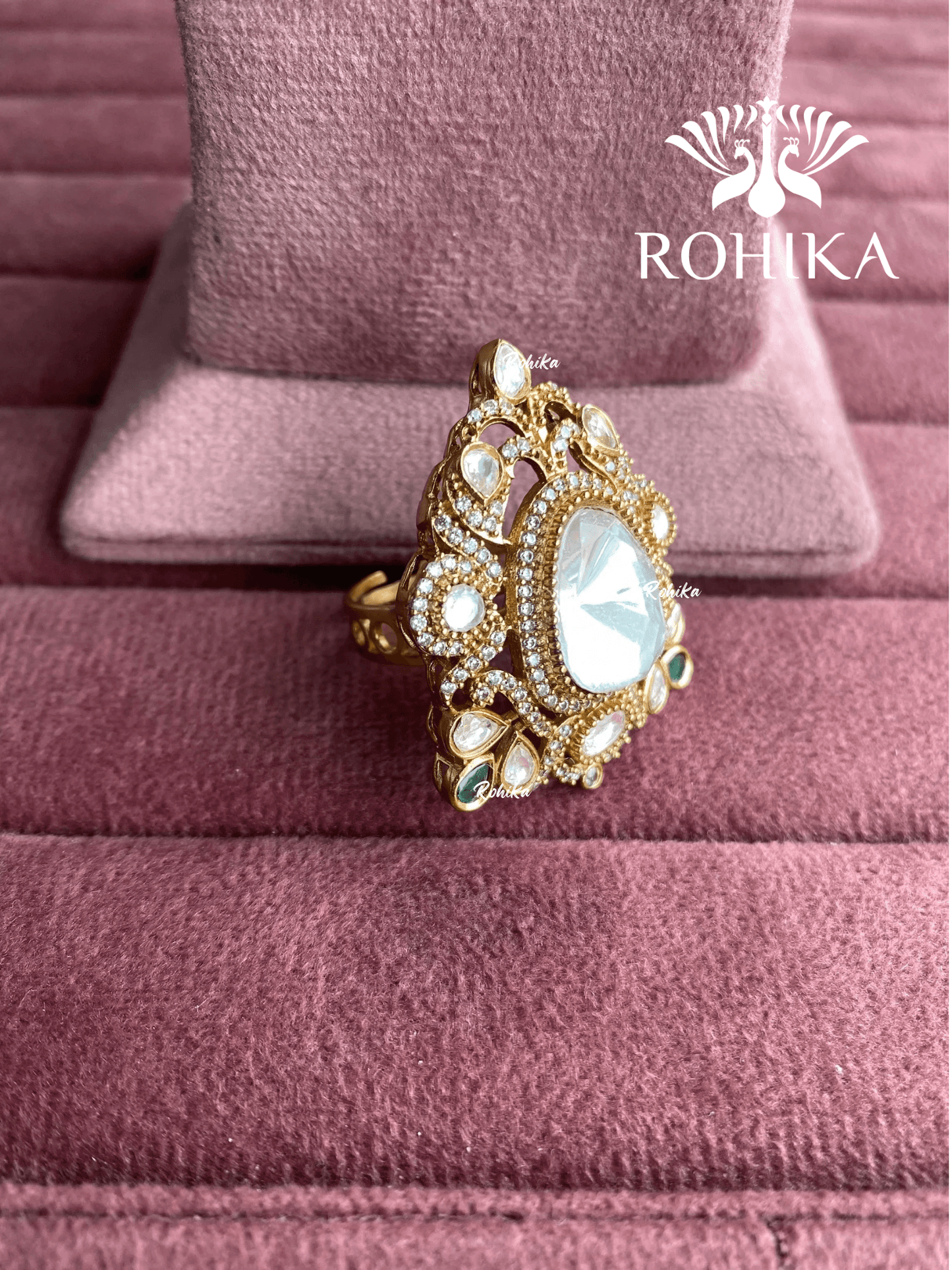 Angana polki kundan ring (SG-118) - White & green - Rohika Store