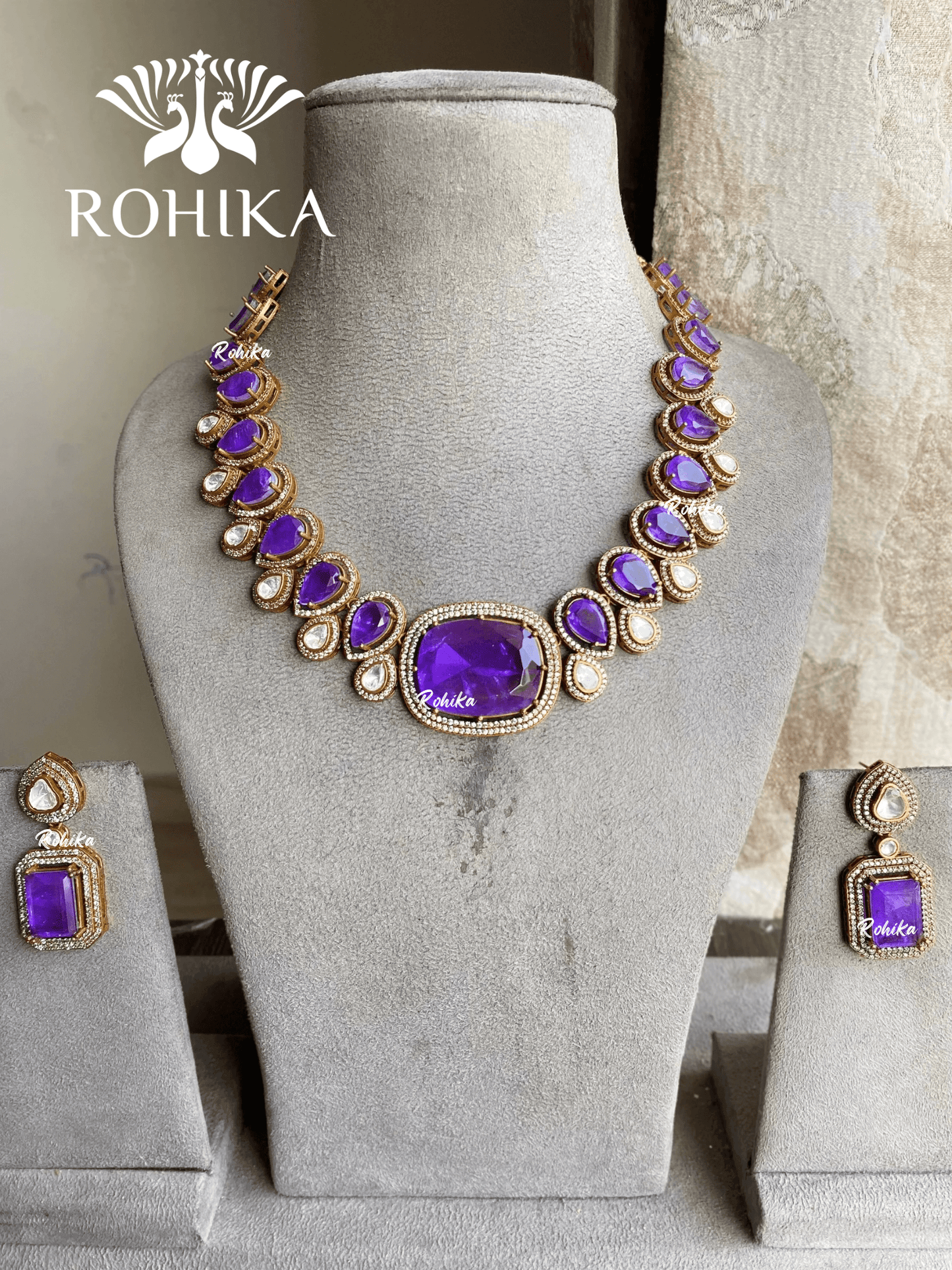 Ruhi polki kundan necklace set - Purple - Rohika Store