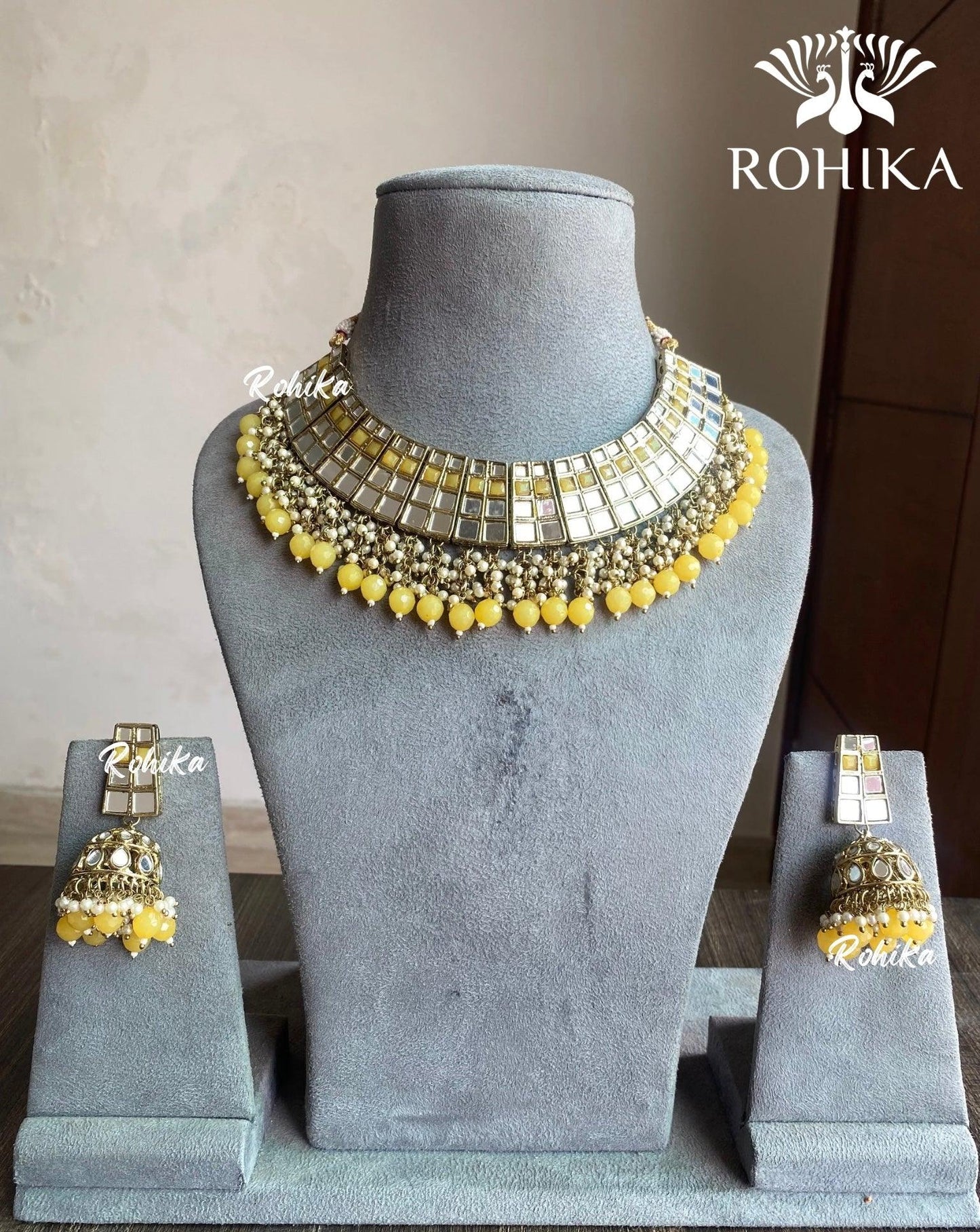 Sana mirror necklace set - Yellow - Rohika Store