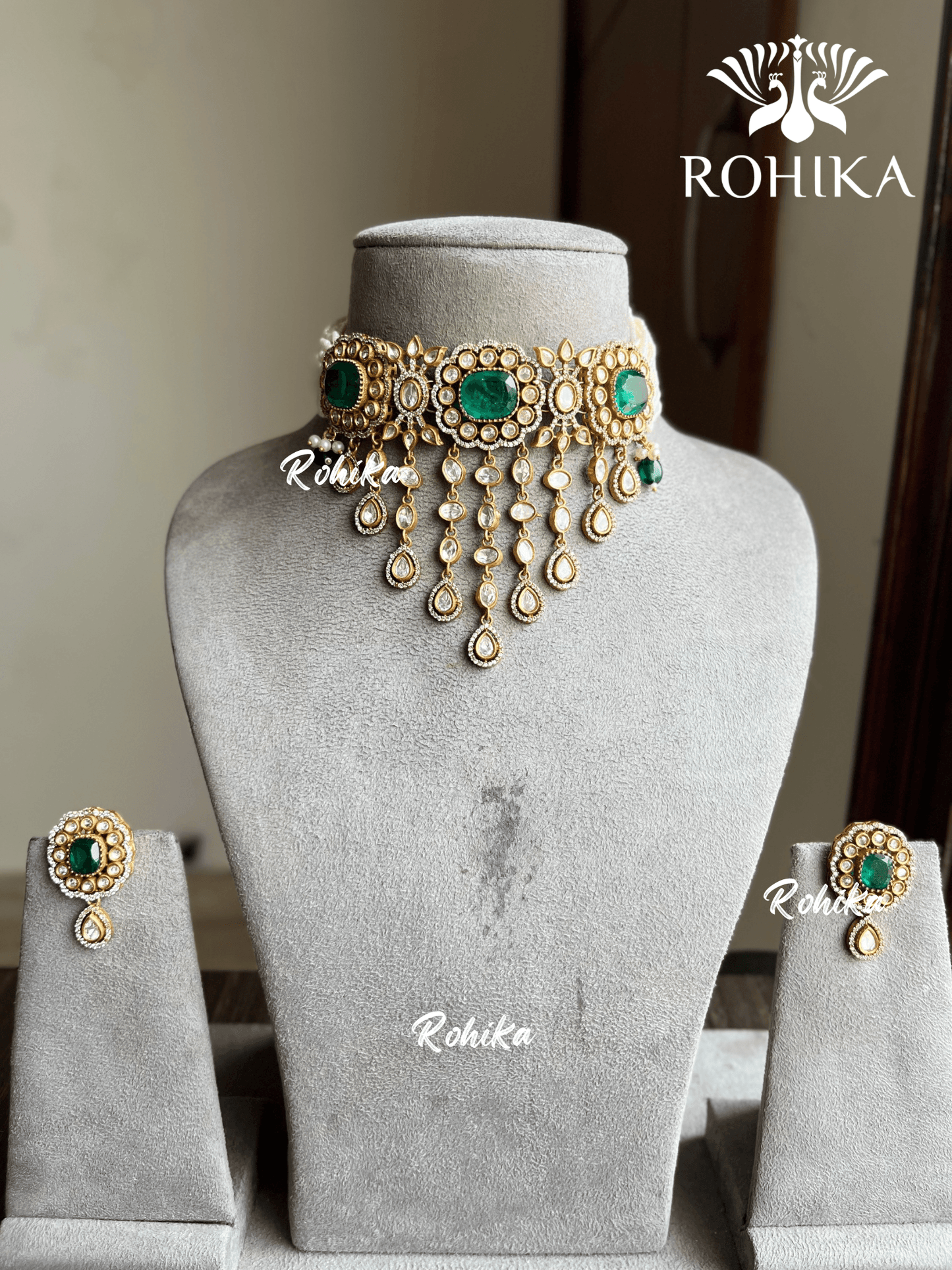 Asmi doublet kundan choker set - Dark green - Rohika Store