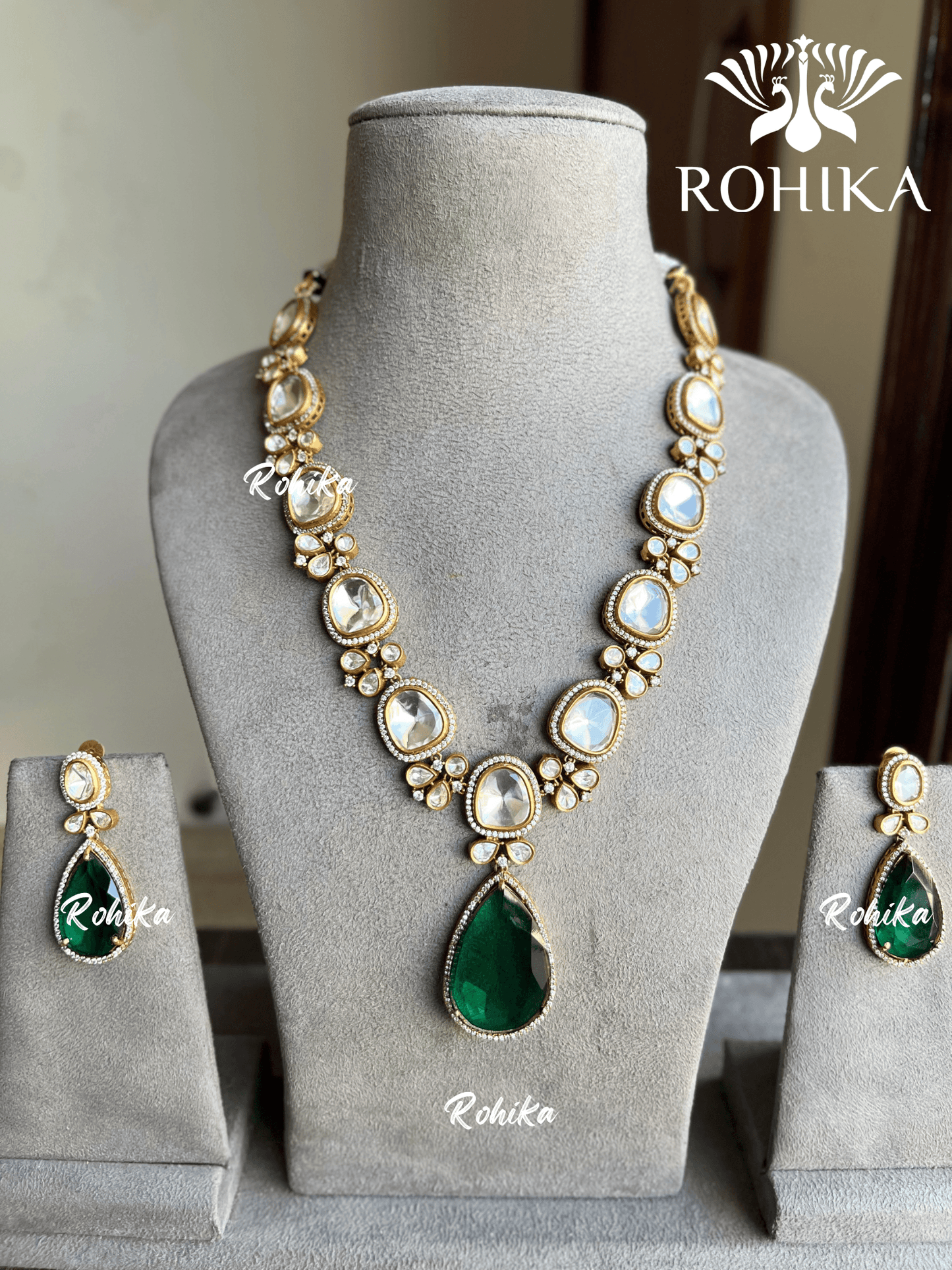 Raksha polki kundan necklace set - Dark Green - Rohika Store