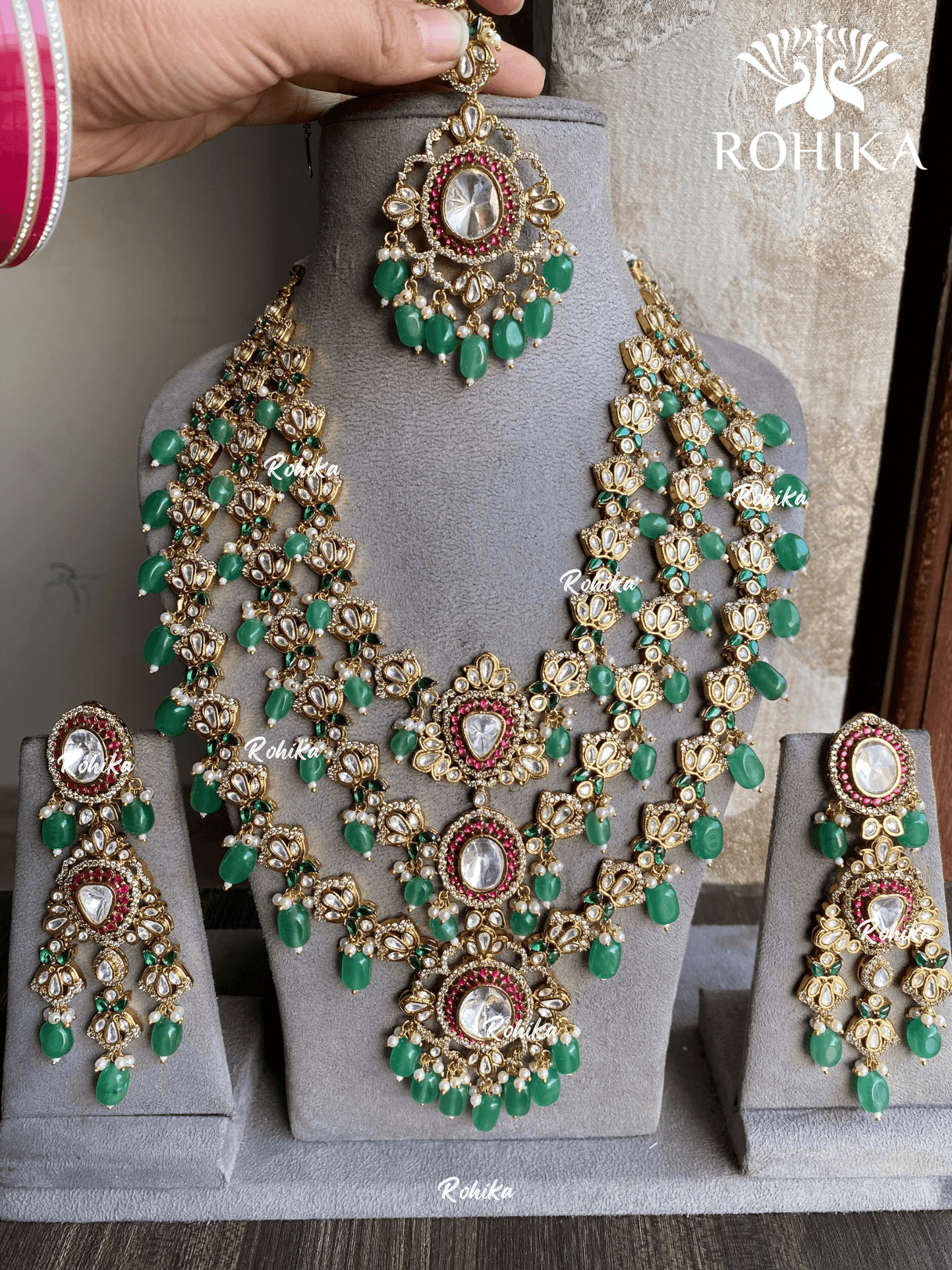 Pranali polki kundan long necklace set - Mint Green - Rohika Store