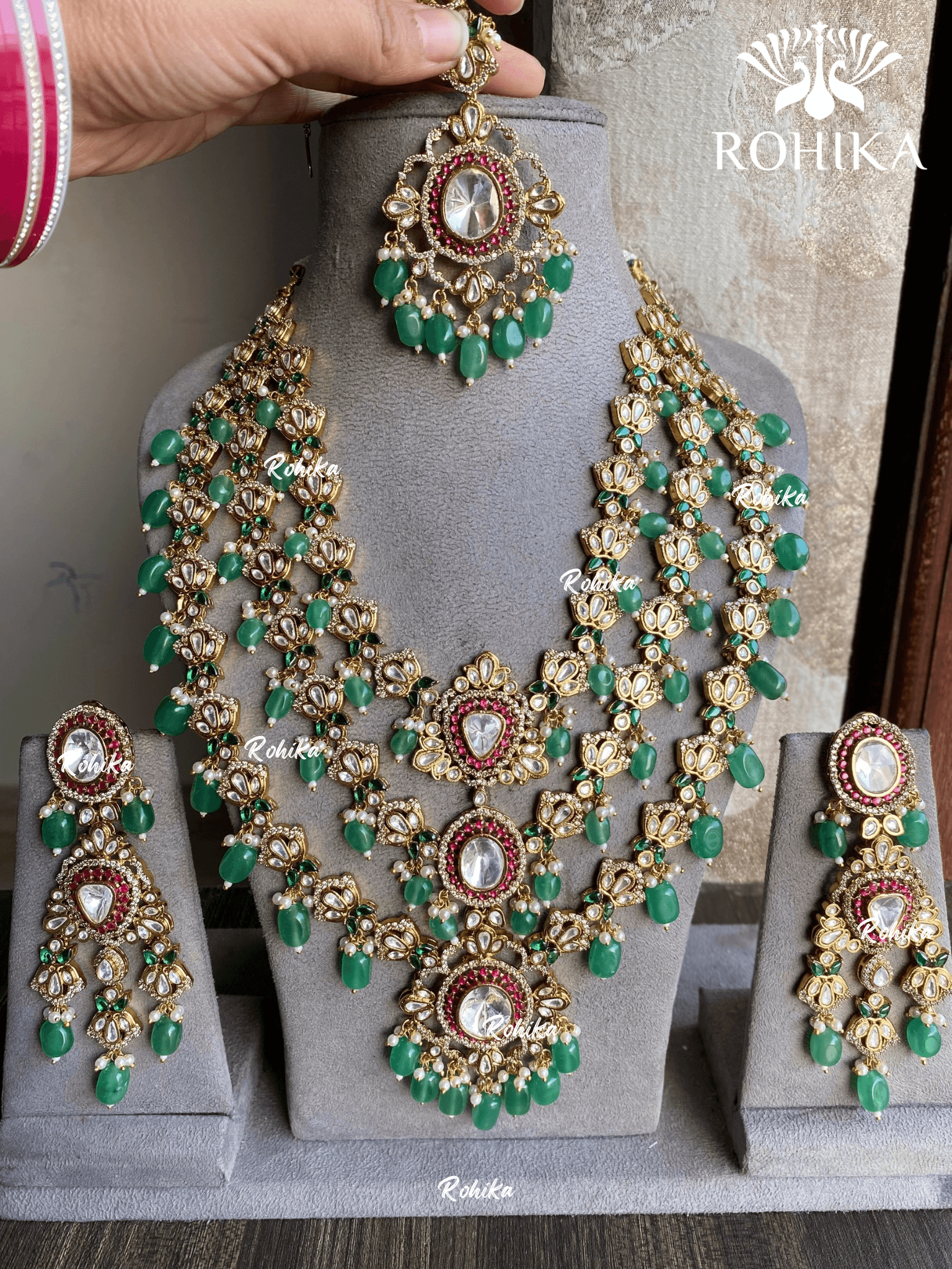 Pranali polki kundan long necklace set - Mint Green - Rohika Store