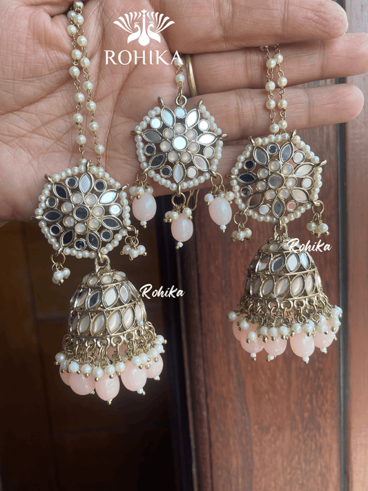 Chamki mirror jhumka earrings tikka combo - Peach - Rohika Store