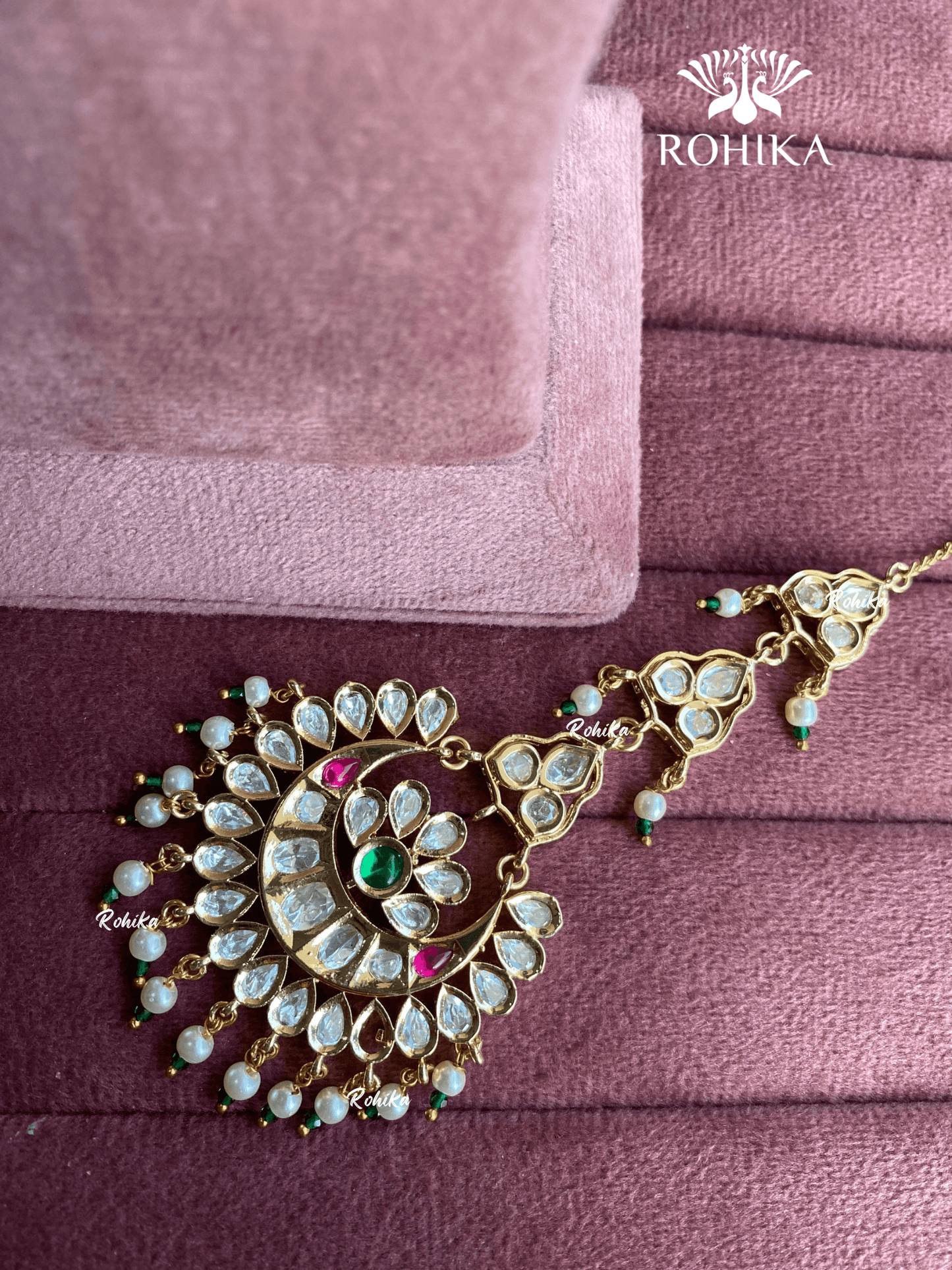 Polki kundan maangtikka (PLKM-032) - Pink & green - Rohika Store