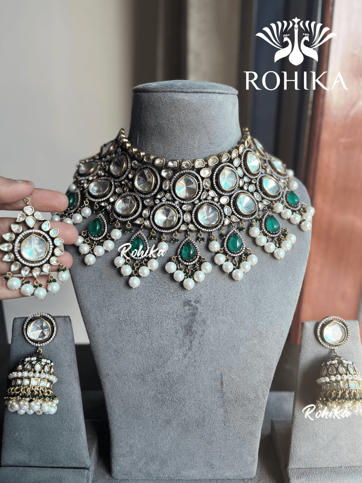 Katha polki kundan bridal set - Green - Rohika Store