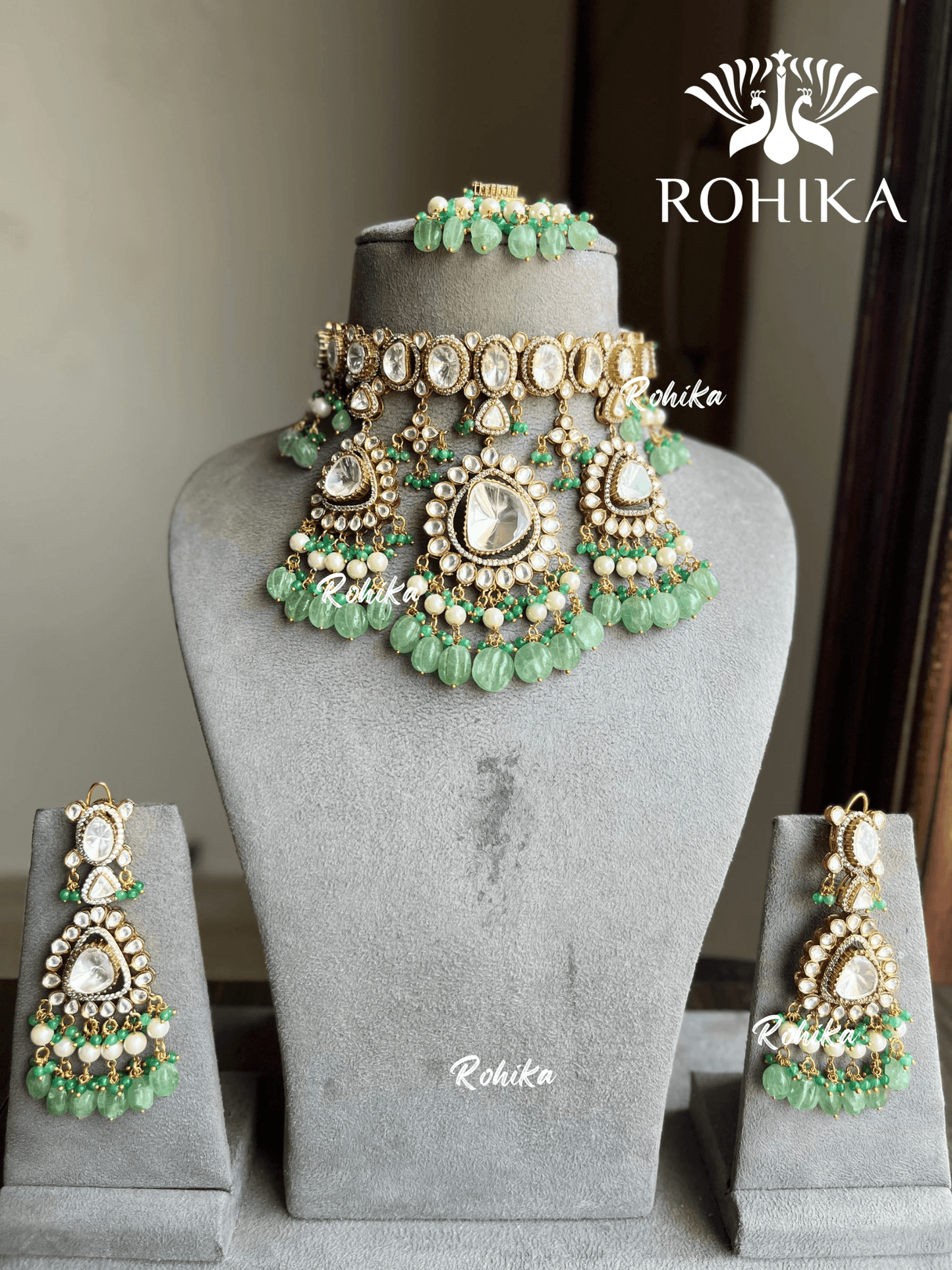 Zina designer polki kundan choker set - Mint Green - Rohika Store