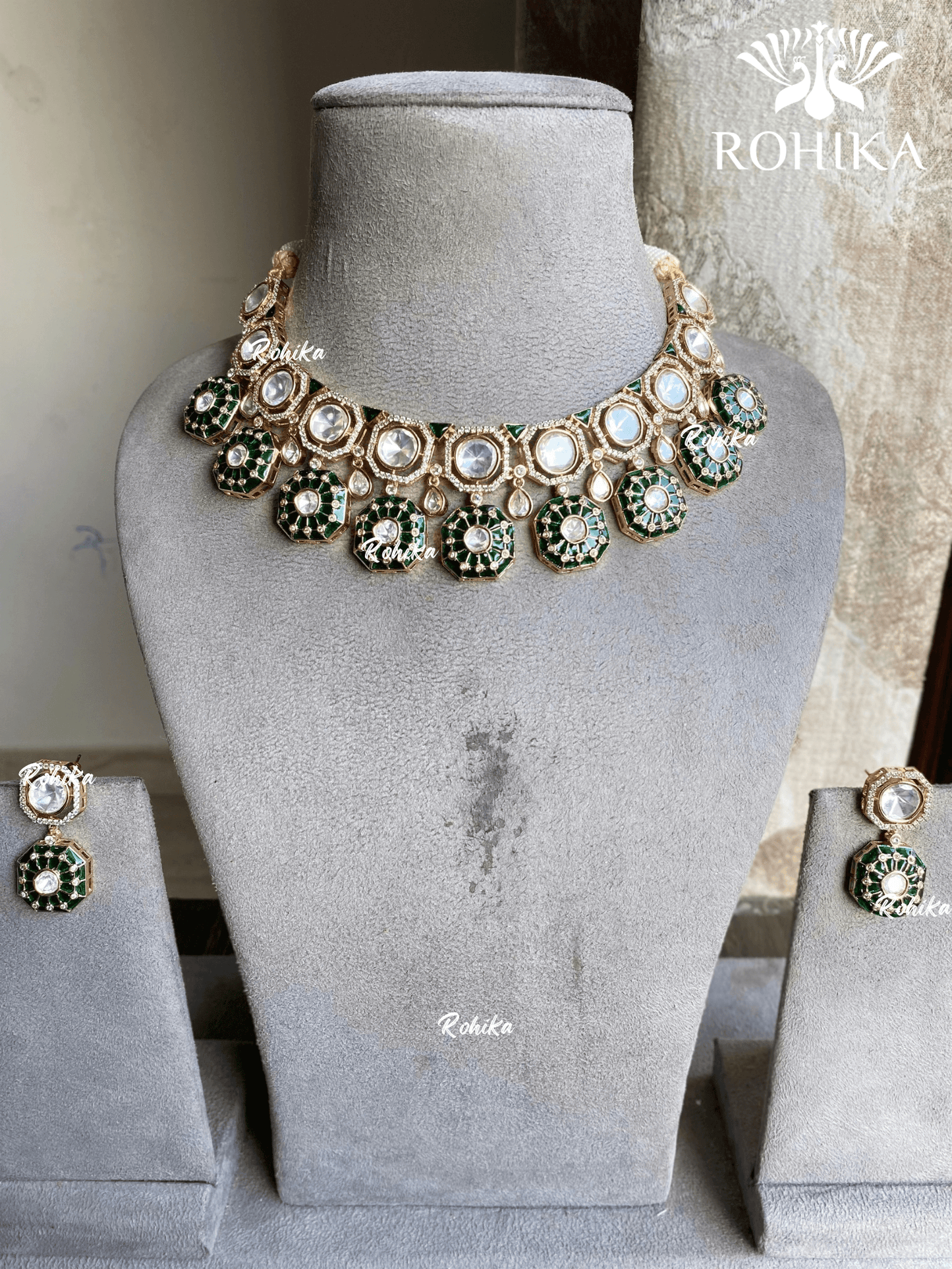 Kalam Polki Kundan Choker Set - Dark Green - Rohika Store