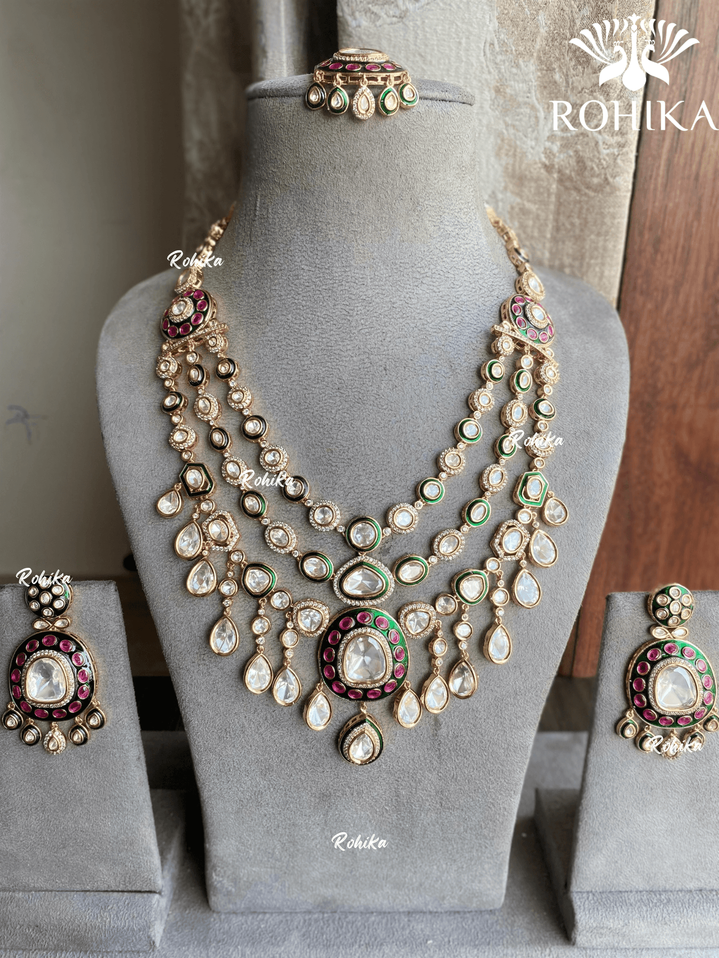 Tvisha Moisanite Polki Necklace Set - Green - Rohika Store