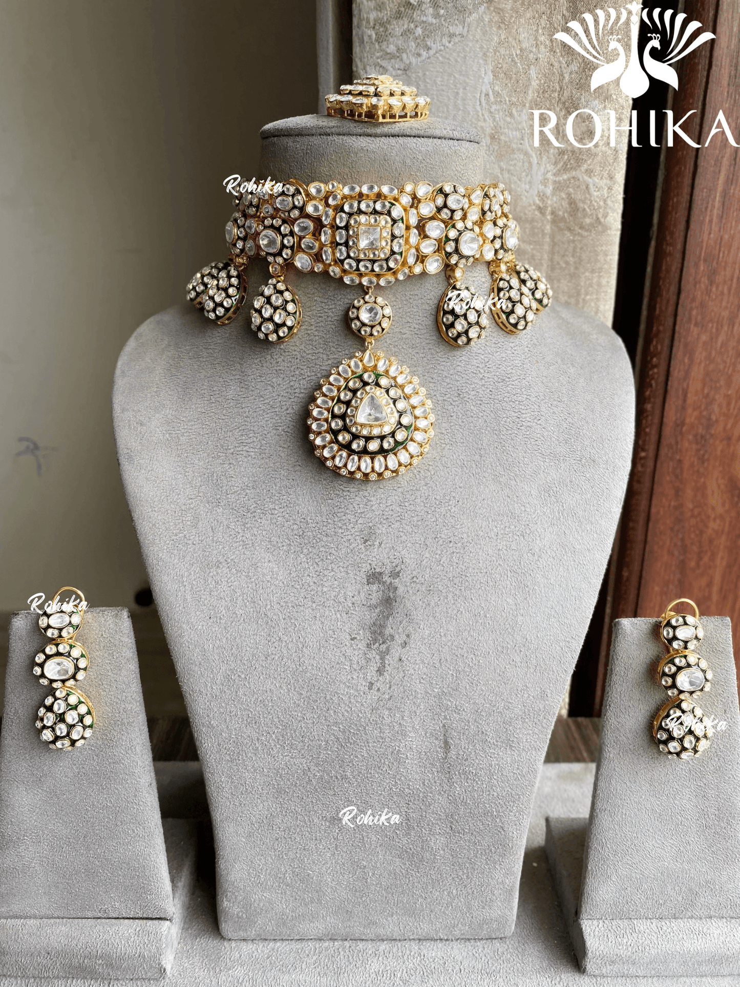 Chitra moisanite choker set - Dark green - Rohika Store