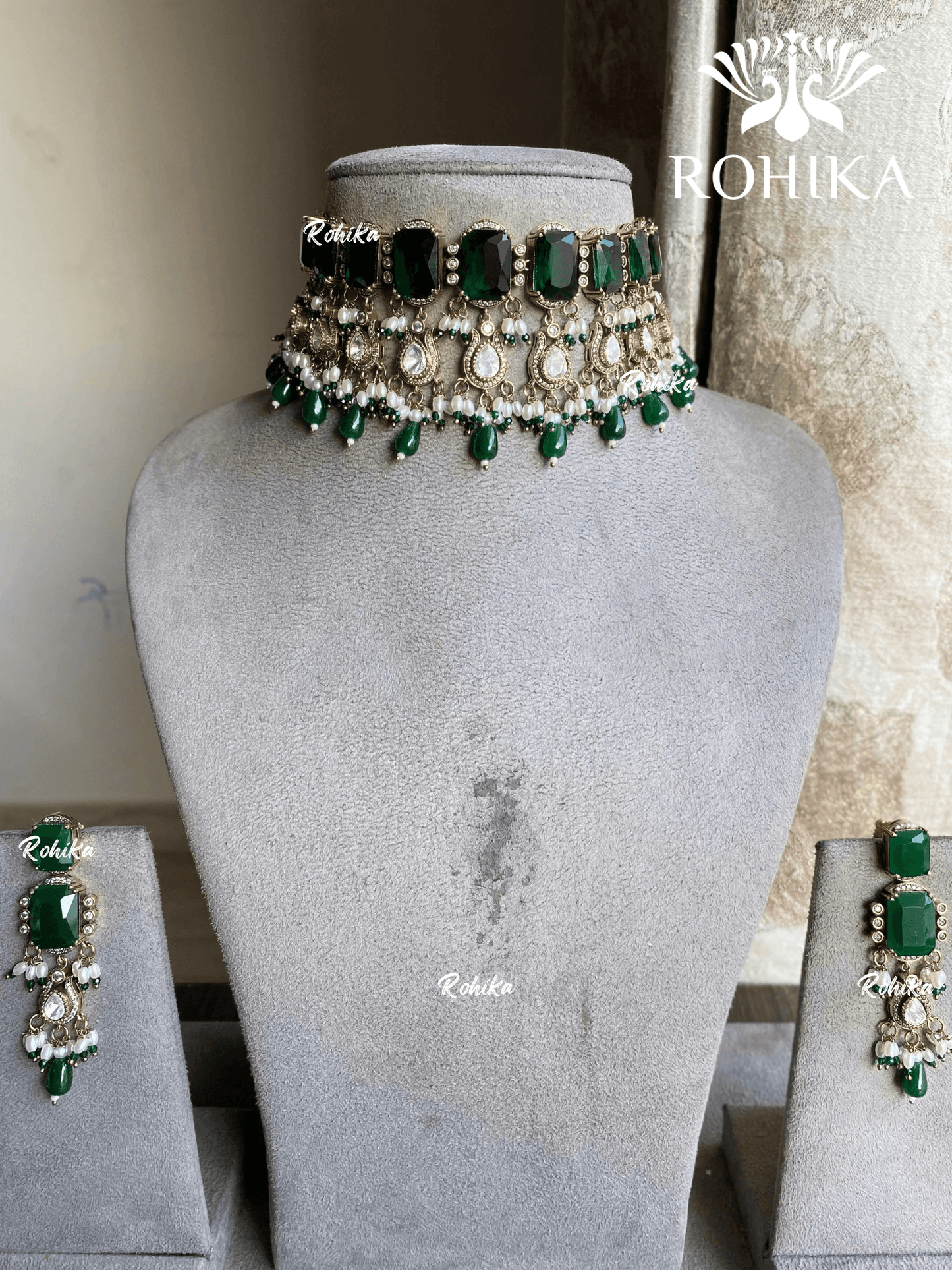 Yashvi moisanite choker set - Dark green - Rohika Store