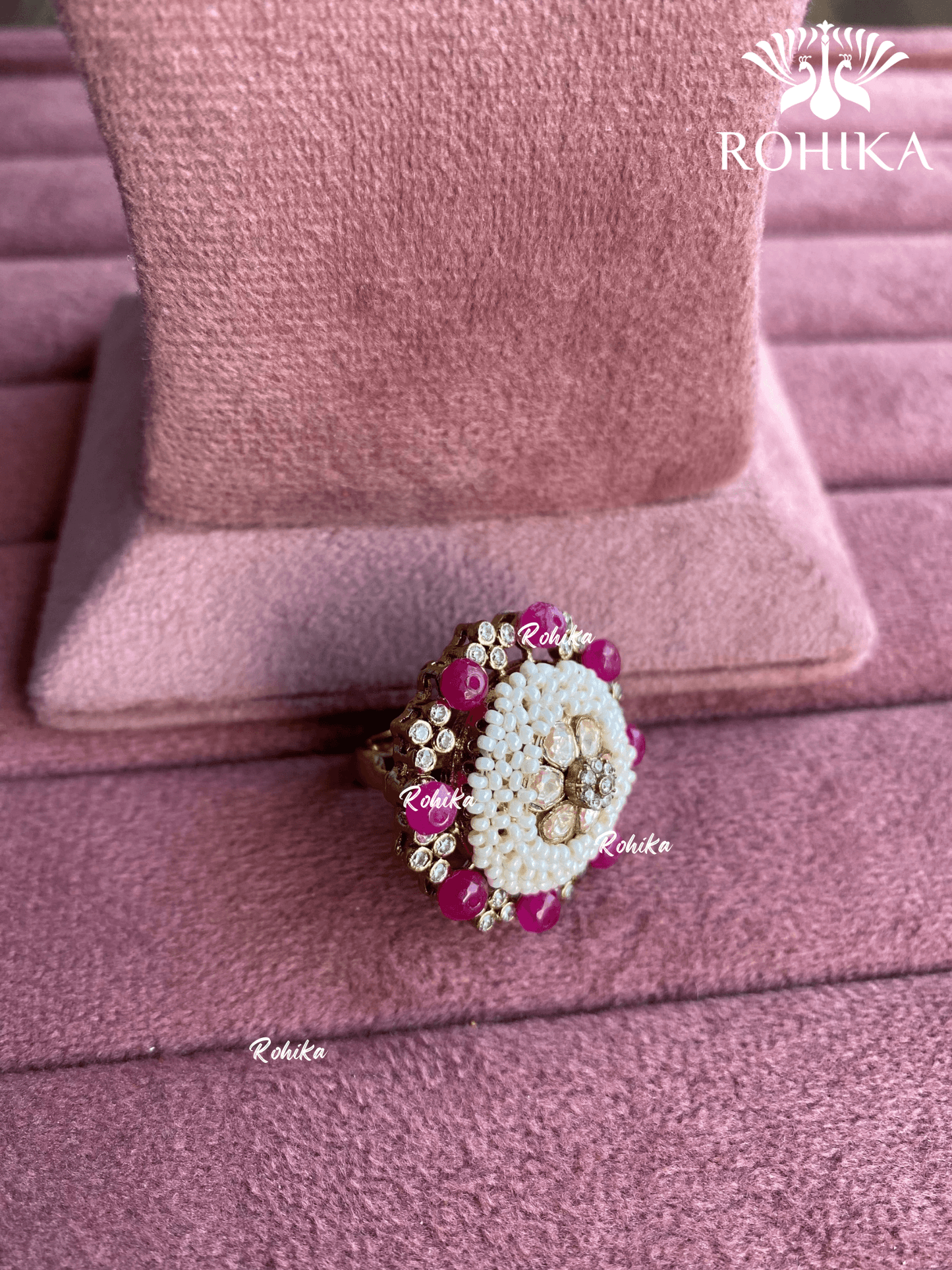 Angana polki kundan ring (SG-069) - Dark pink - Rohika Store