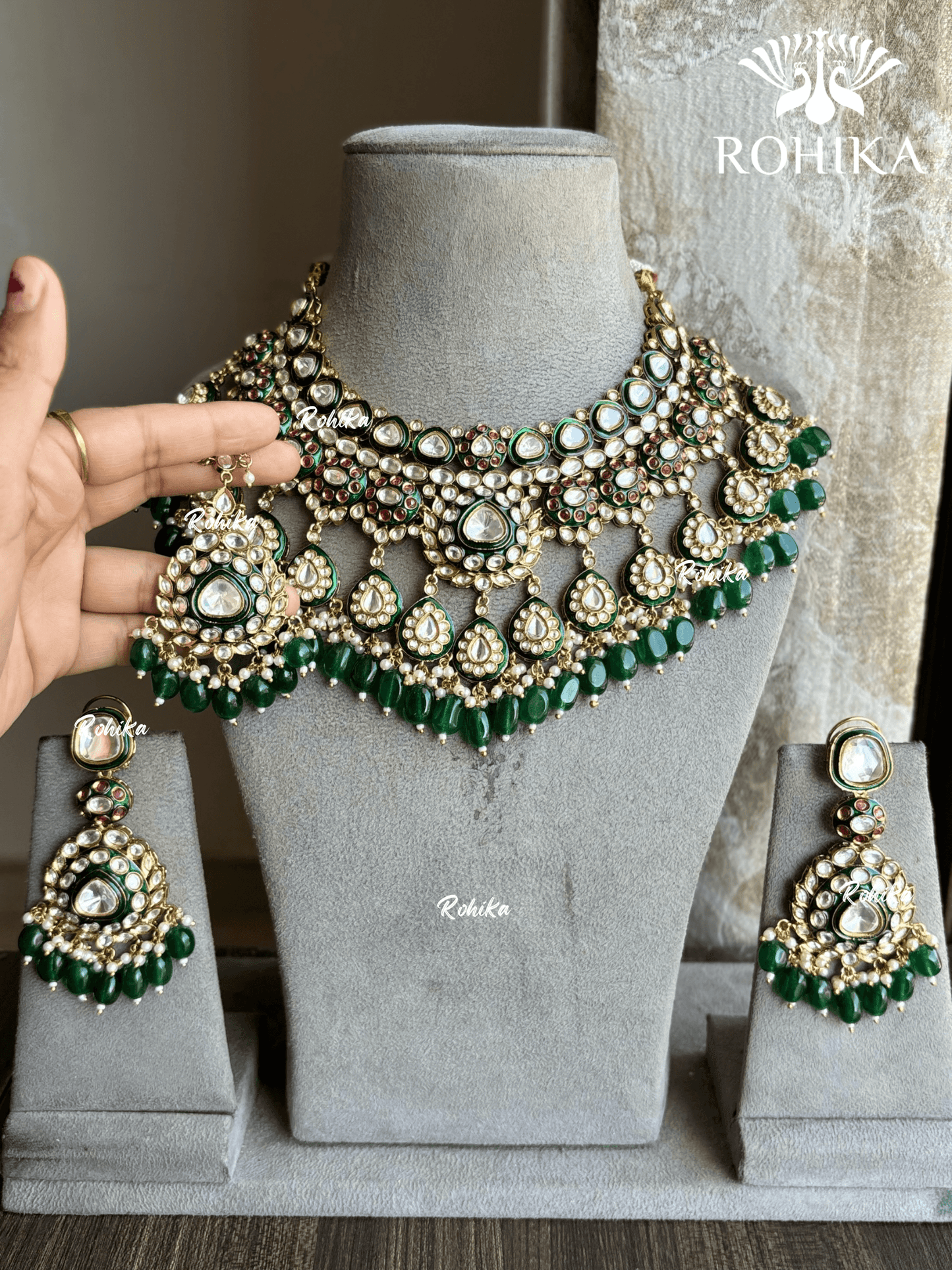 Nirvi Bikaneri Polki Kundan Necklace Set - Dark Green - Rohika Store