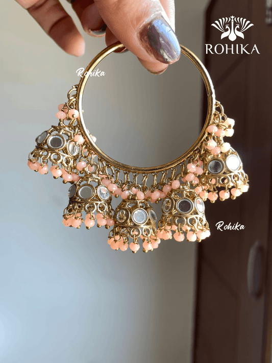Leena mirror jhumki bali earrings - Light peach - Rohika Store