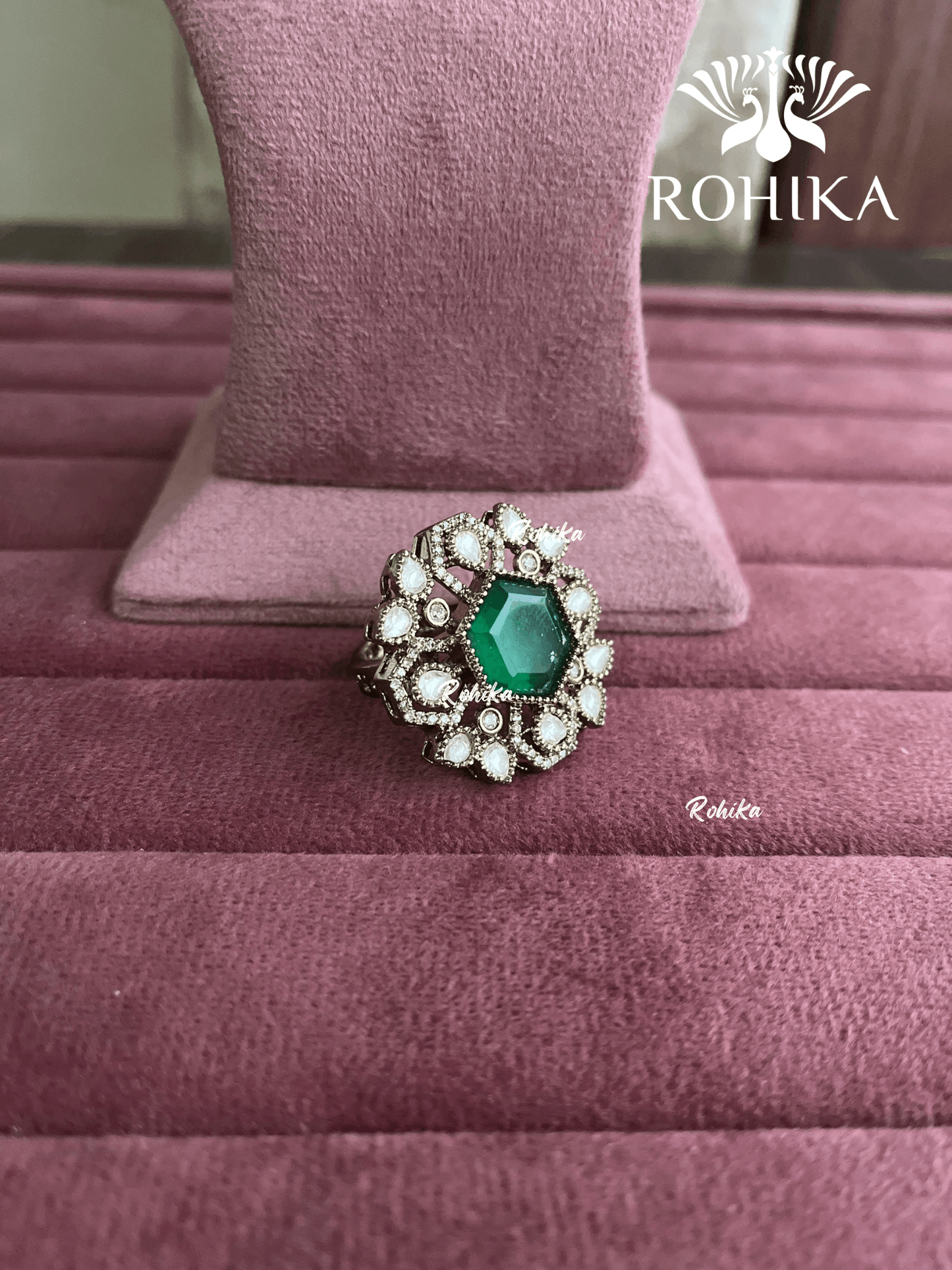Angana polki kundan ring (SG-096) - Dark green - Rohika Store