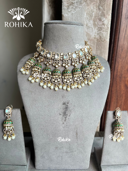 Daivik Moisanite Kundan necklace Set - Dark Green - Rohika Store