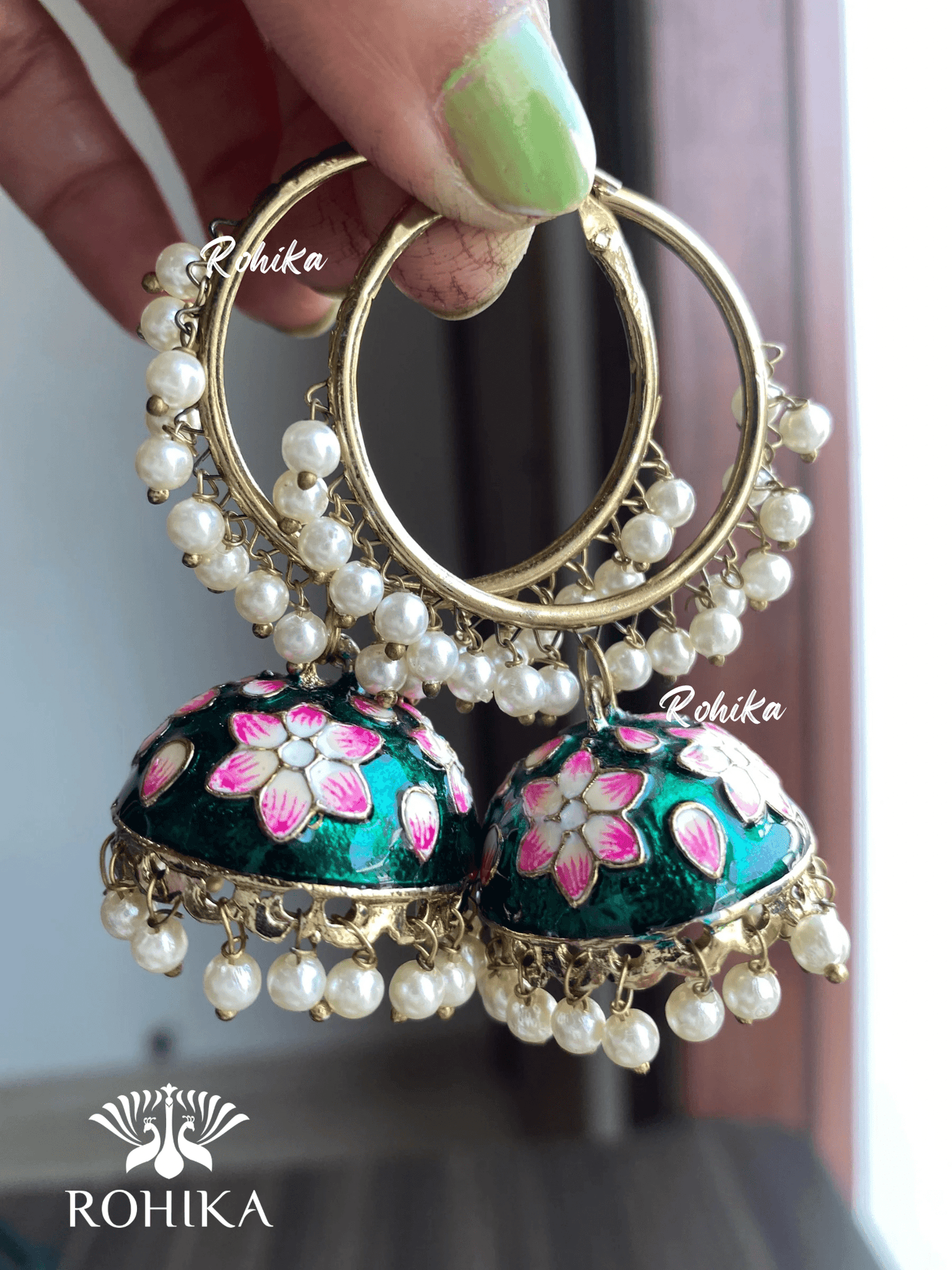 Phool jhumka bali earrings - Dark Green - Rohika Store