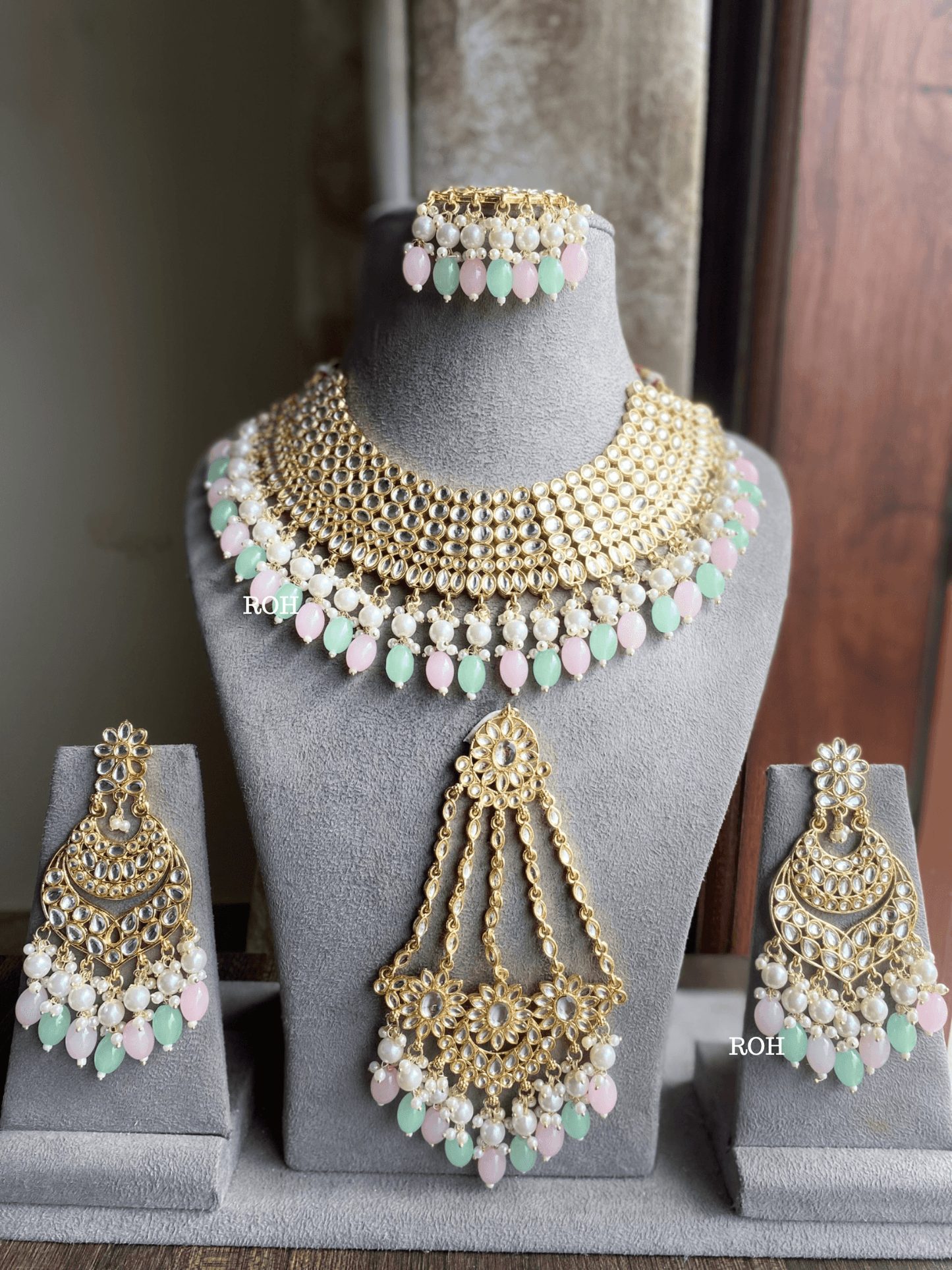 Kali dabi Kundan semi-bridal necklace set - Pink and blue Multi colour - Rohika Store