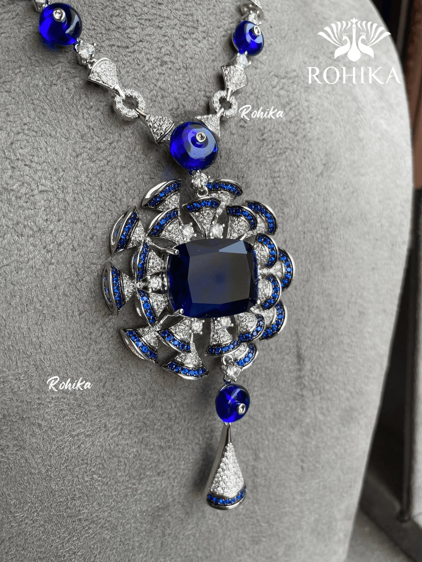 Haley designer AD necklace set - Navy Blue - Rohika Store