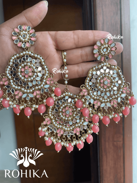 Rashi mirror earrings tikka combo - Pink - Rohika Store