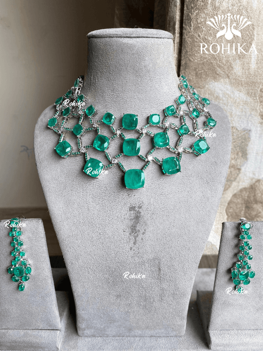 Ishma doublets american diamond necklace set - Dark green - Rohika Store