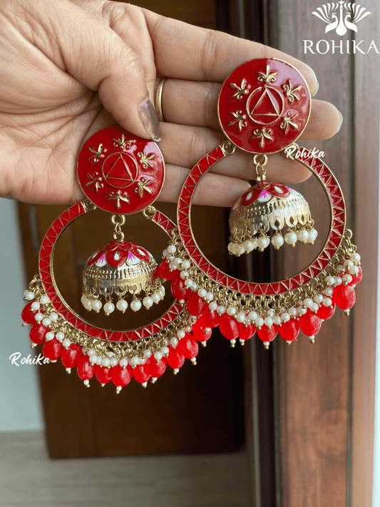 Sonal meenakari chandbali earrings- Red - Rohika Store