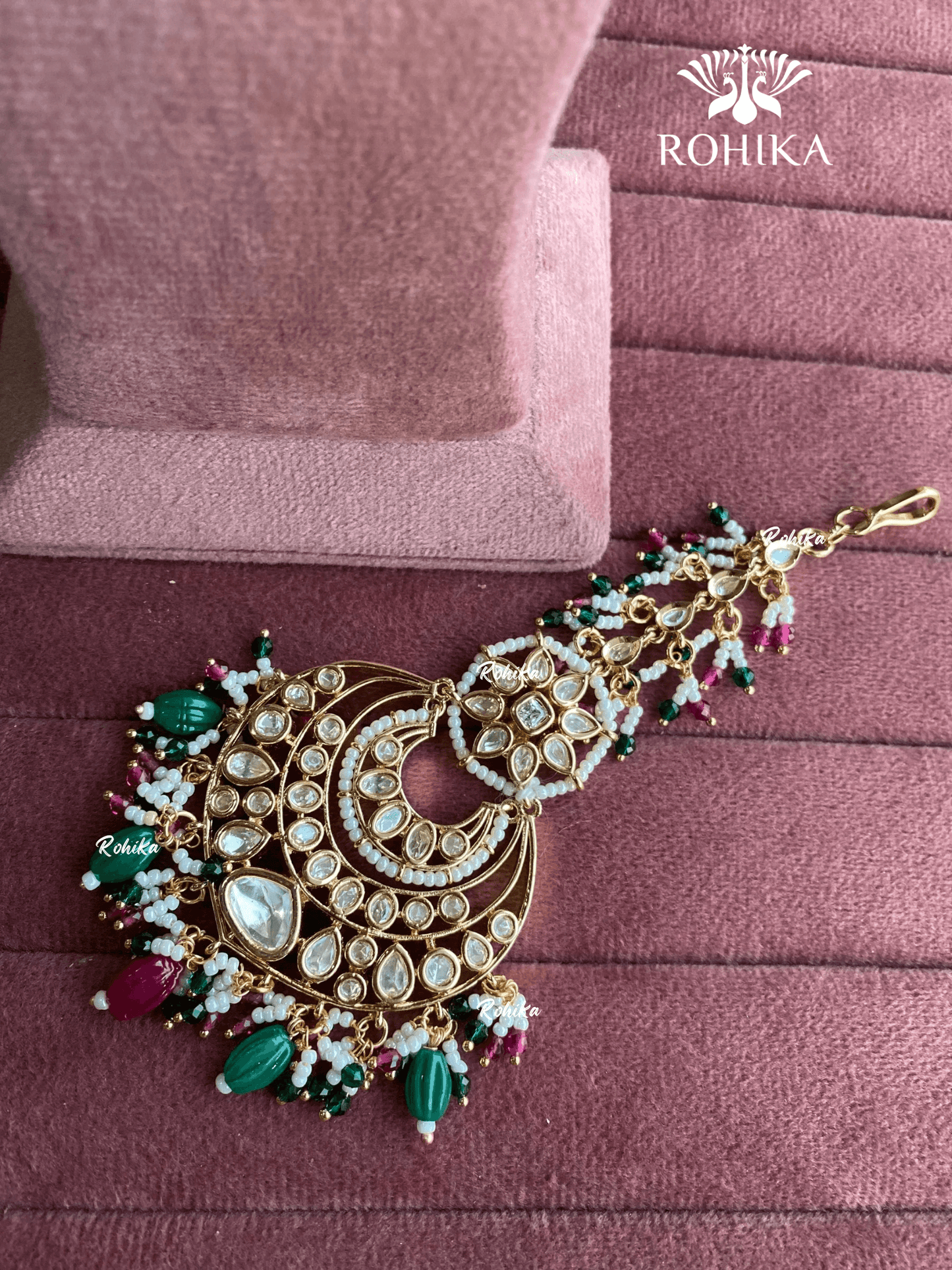 Polki kundan maangtikka (PLKM-033) - Pink & green - Rohika Store