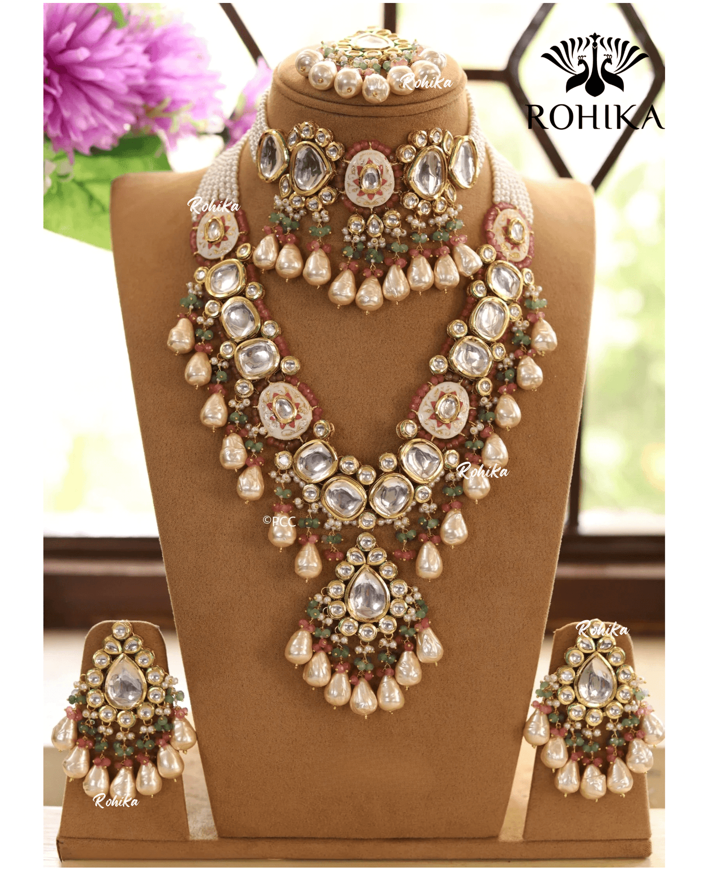 Kalee meenakari kundan bridal combo set - Cream - Rohika Store