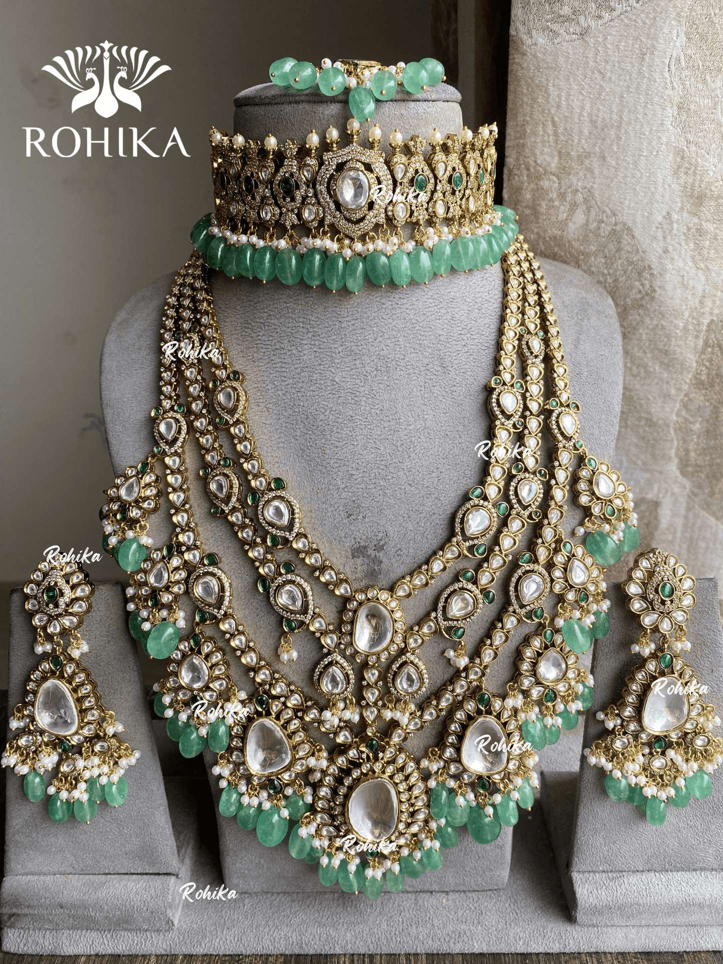 Saanjh polki kundan bridal combo set - Mint green - Rohika Store