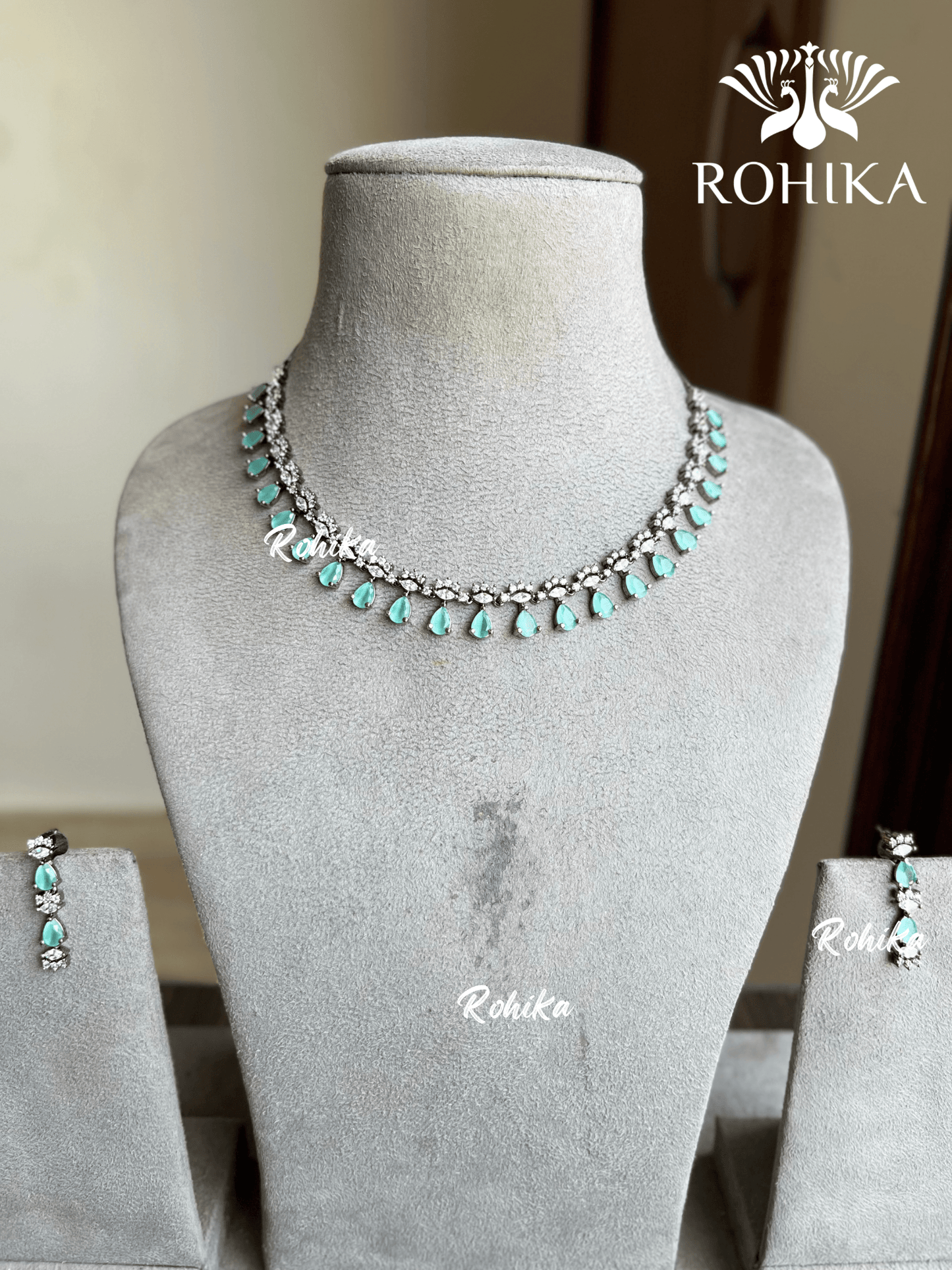 Ria American diamond necklace set - Mint green - Rohika Store