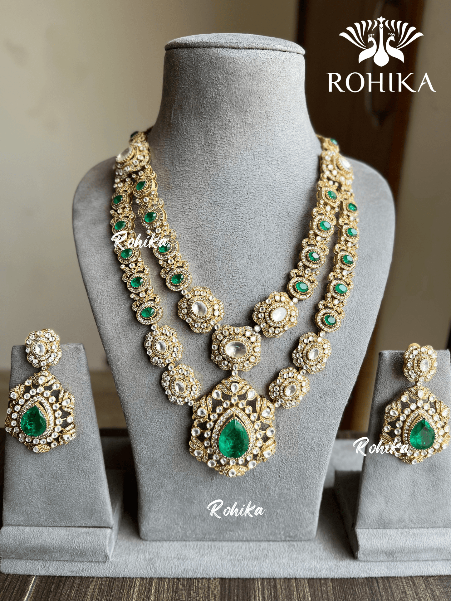 Chahat doublet polki kundan necklace set- Green - Rohika Store