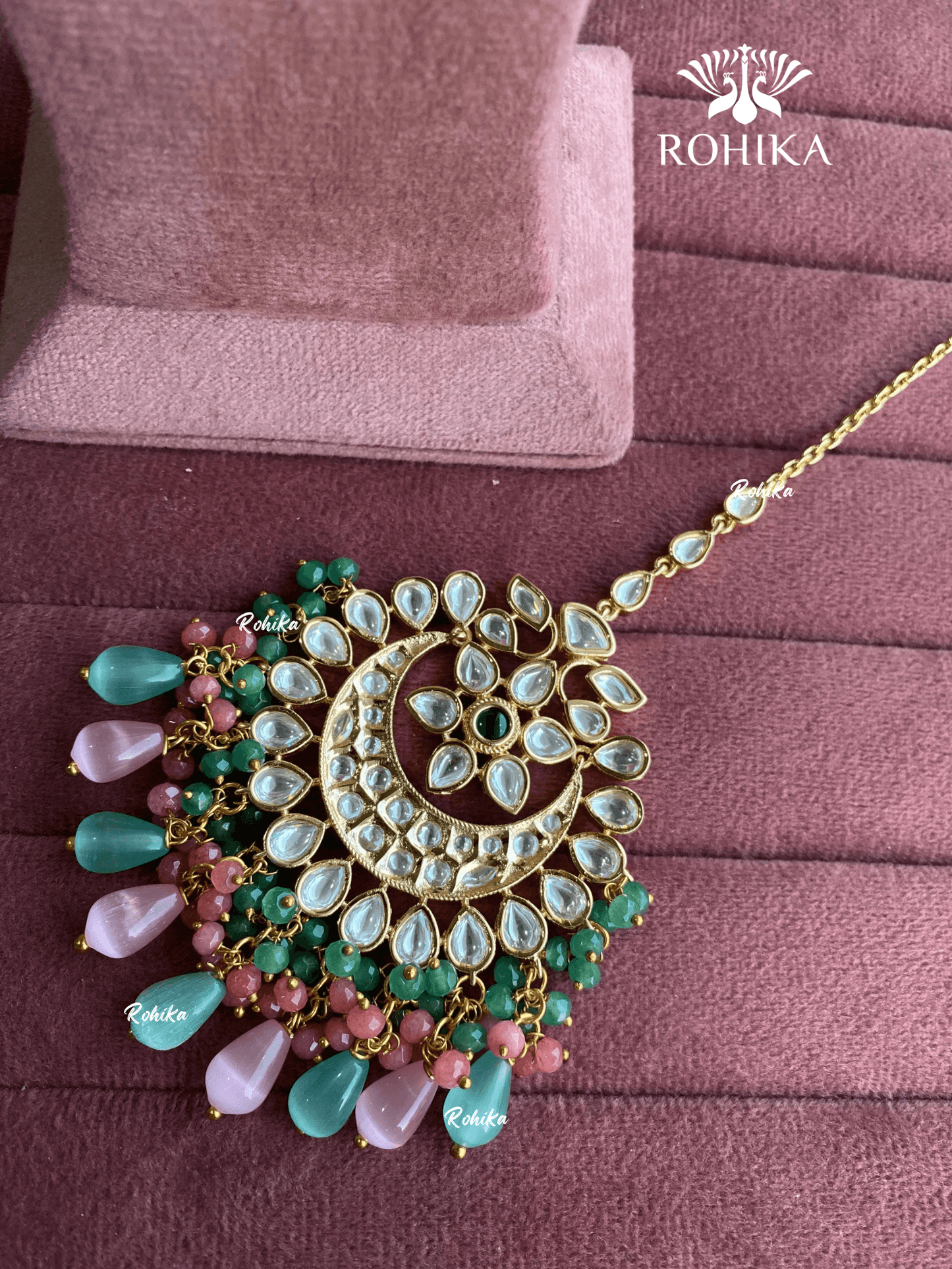Polki kundan maangtikka (PLKM-041) - pink & mint green - Rohika Store