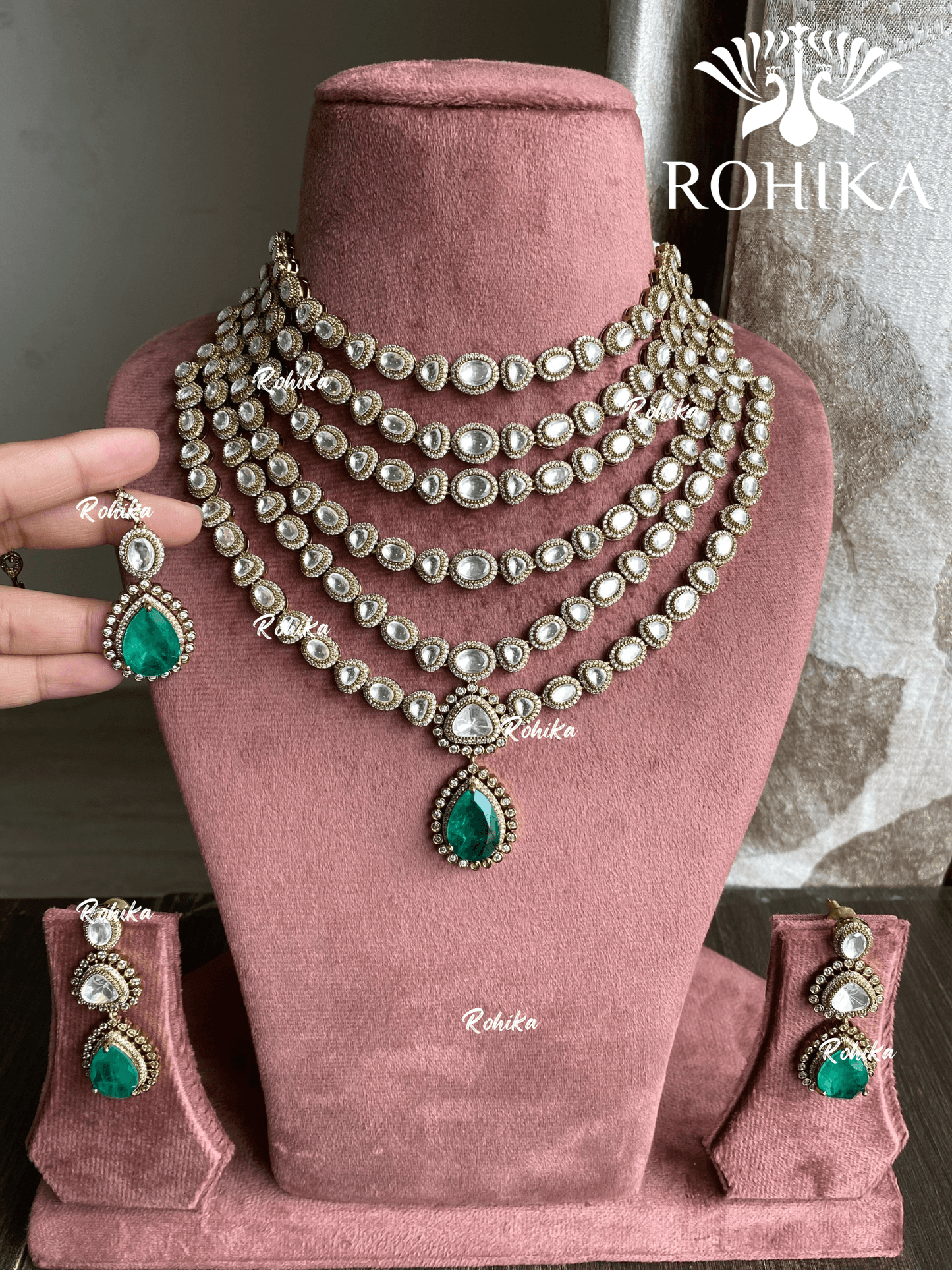 Prakriti polki kundan necklace set - Mint green - Rohika Store
