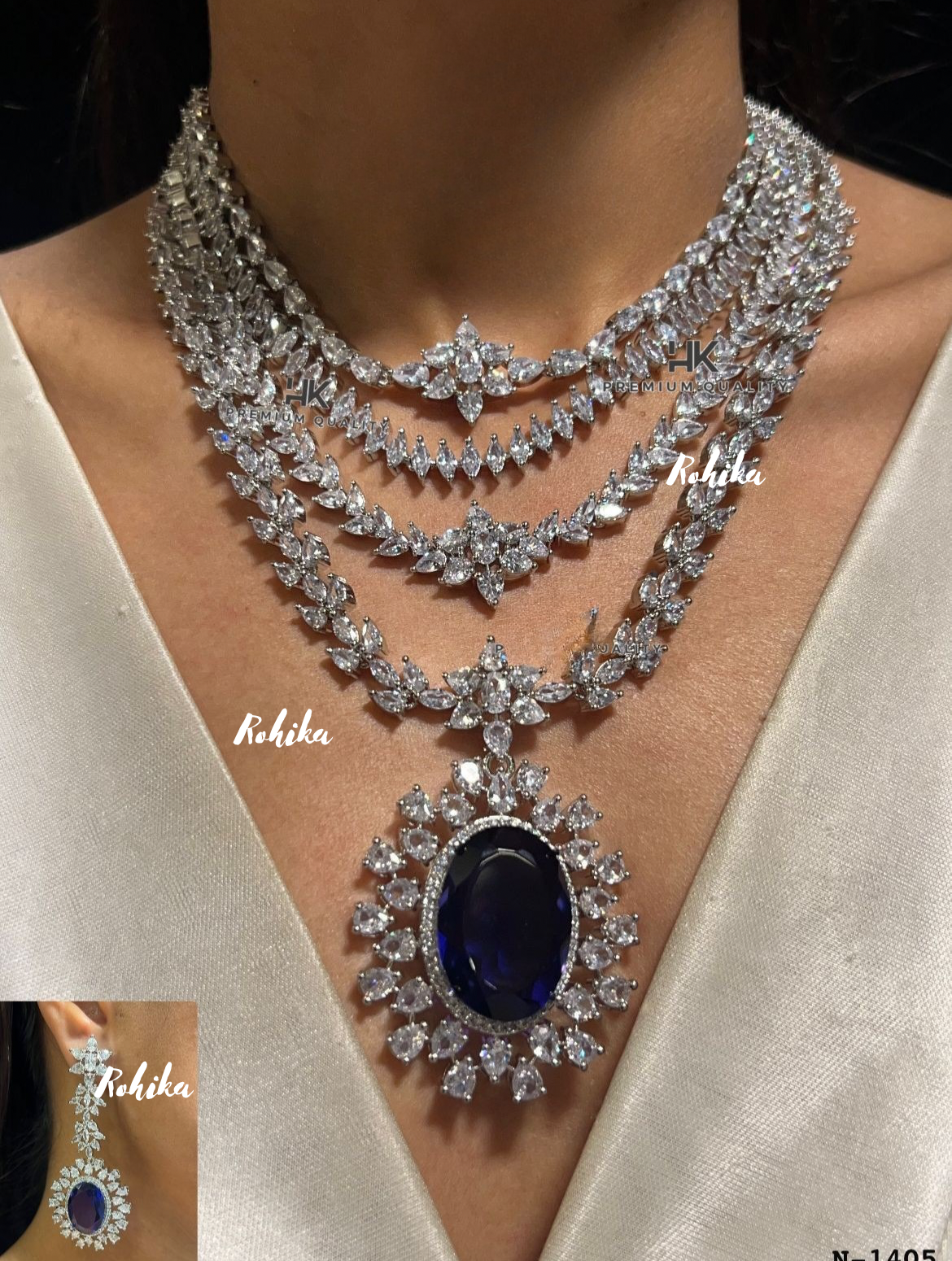 American diamond necklace set (ADN -010) - Dark blue