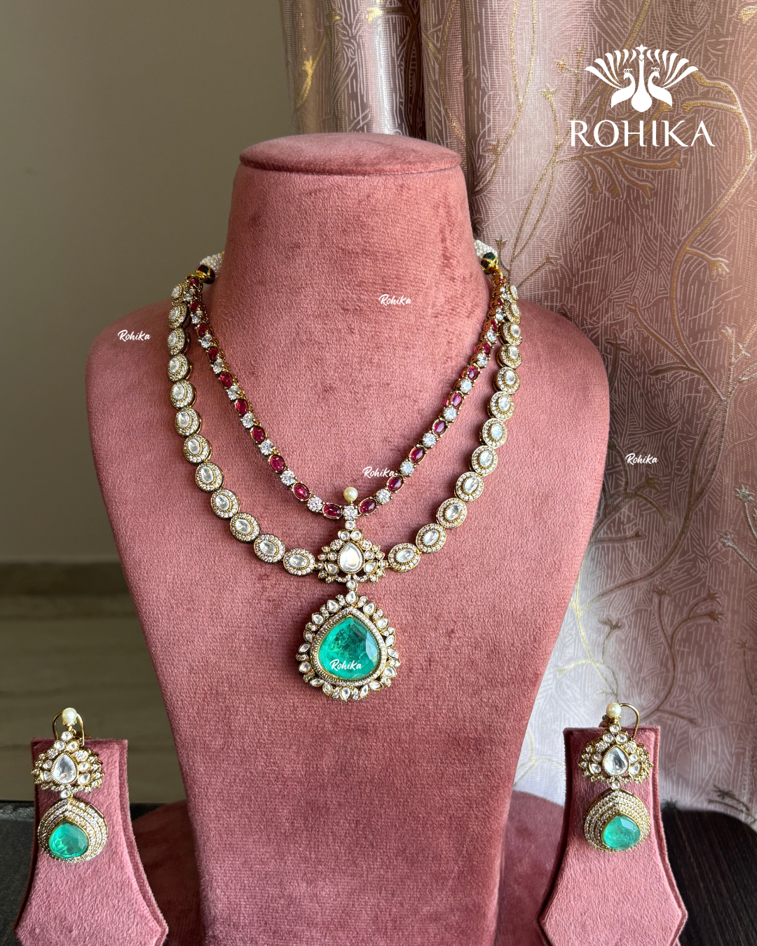 Amrita polki kundan necklace set - Mint Green - Rohikastore.com - Rohika jewelery