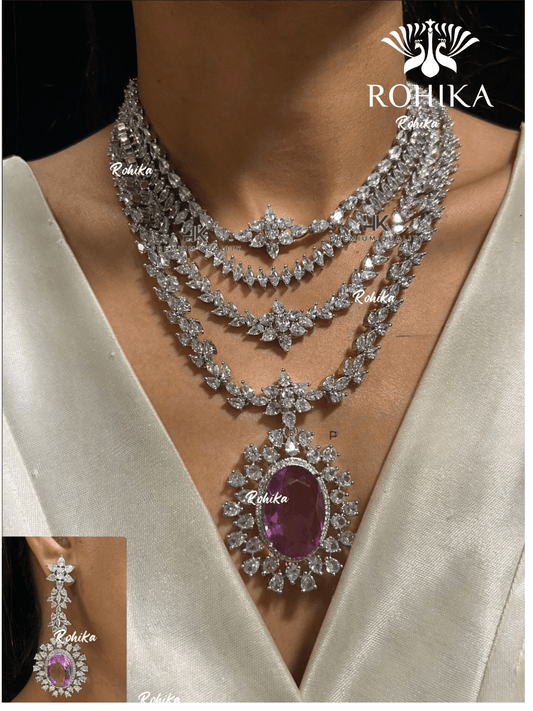 American diamond necklace set (ADN -010) - Purple - Rohika Store