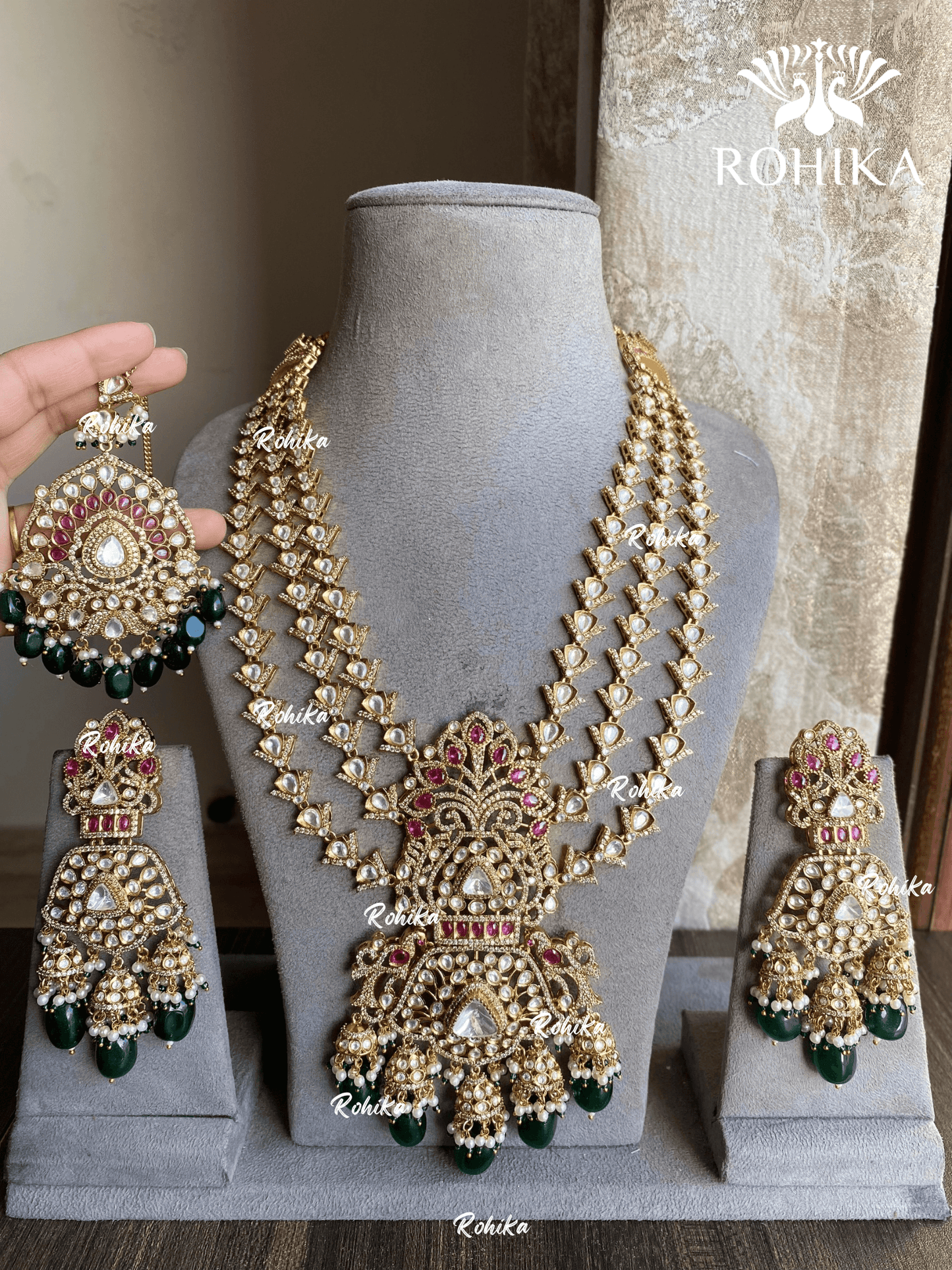 Kriysa Polki Kundan Long Necklace Set - Ruby Green - Rohika Store