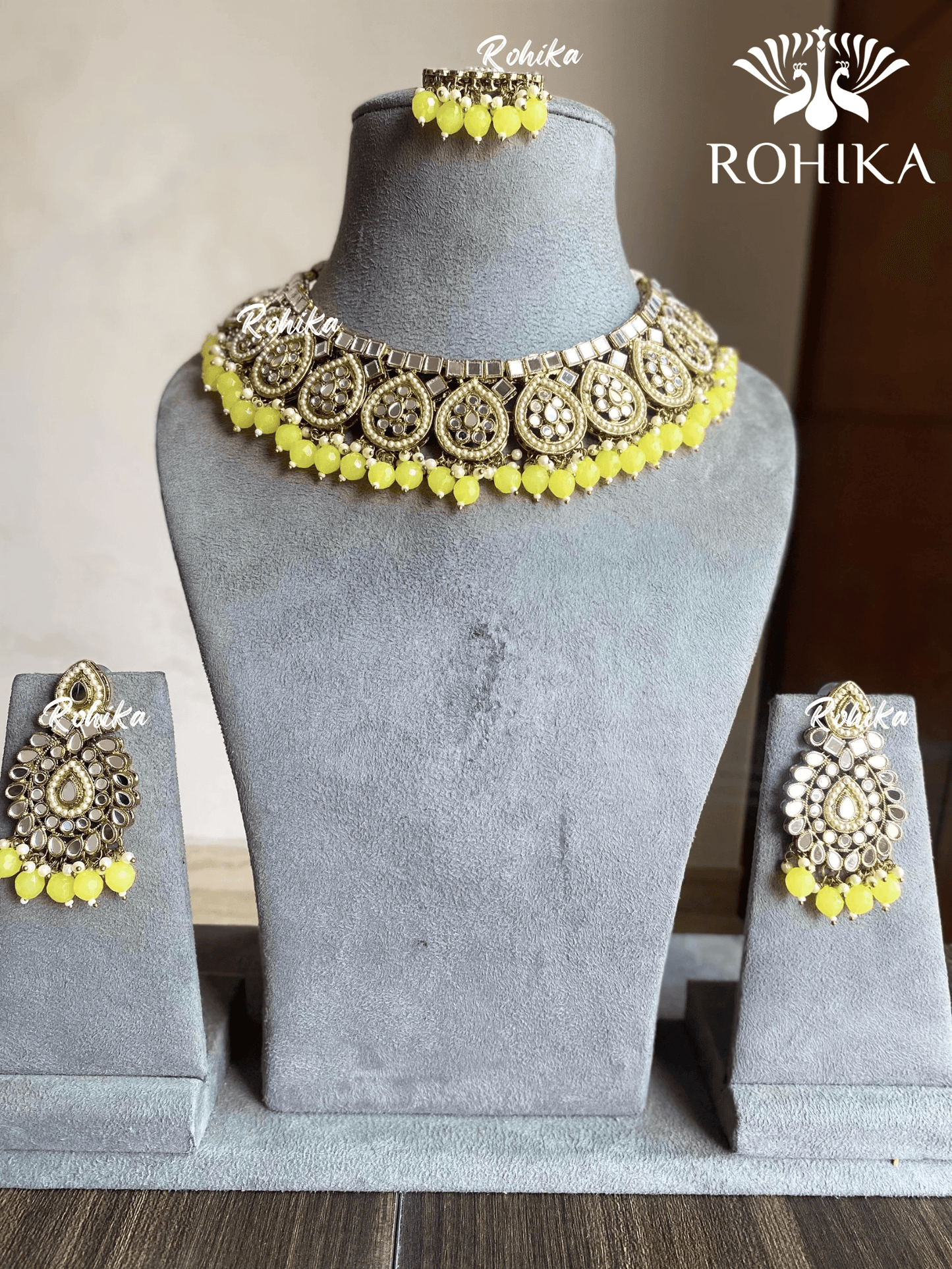 Manu mirror necklace set - Yellow - Rohika Store